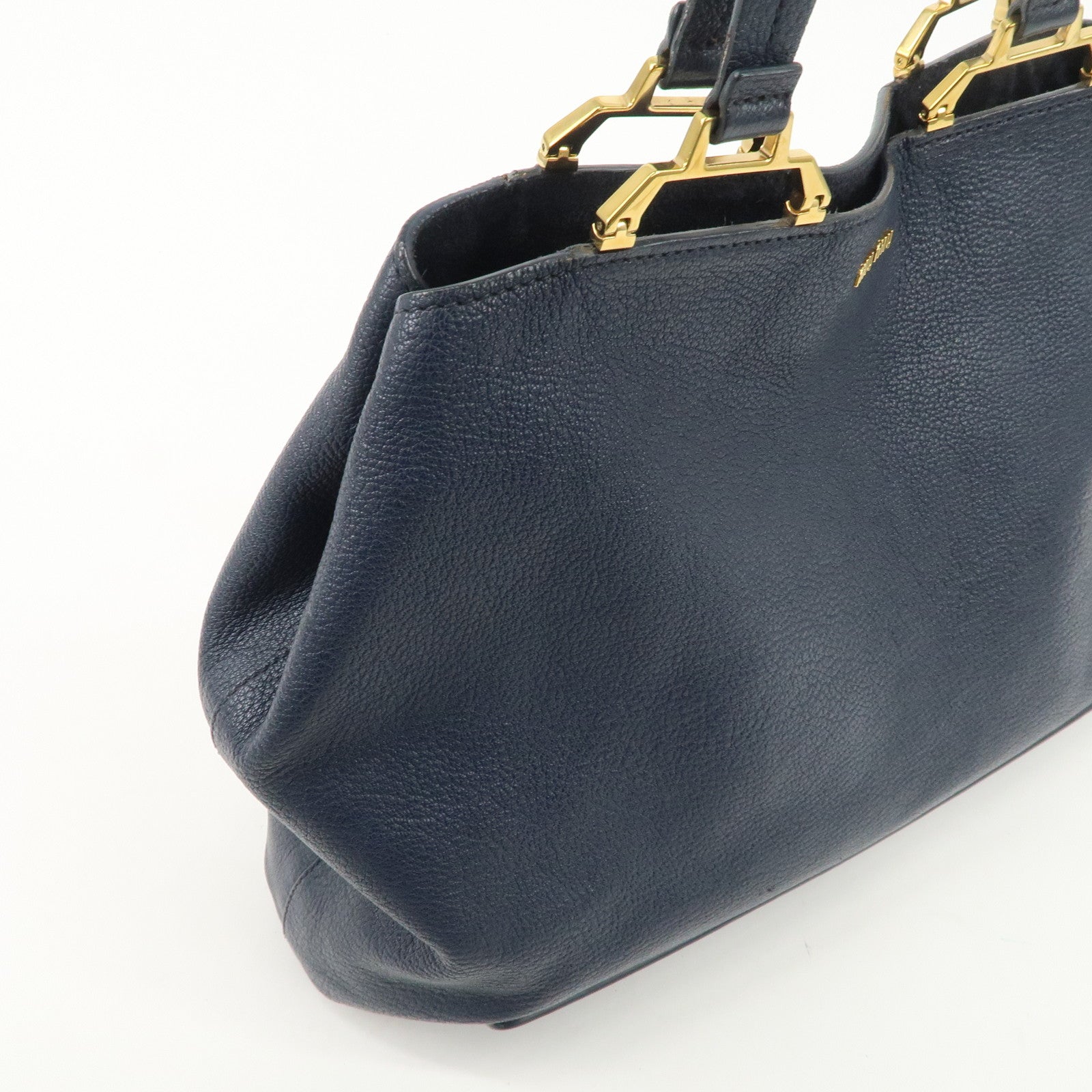 MIUMIU Logo Madras Leather Hand Bag Tote Bag Navy Gold Hardware Used