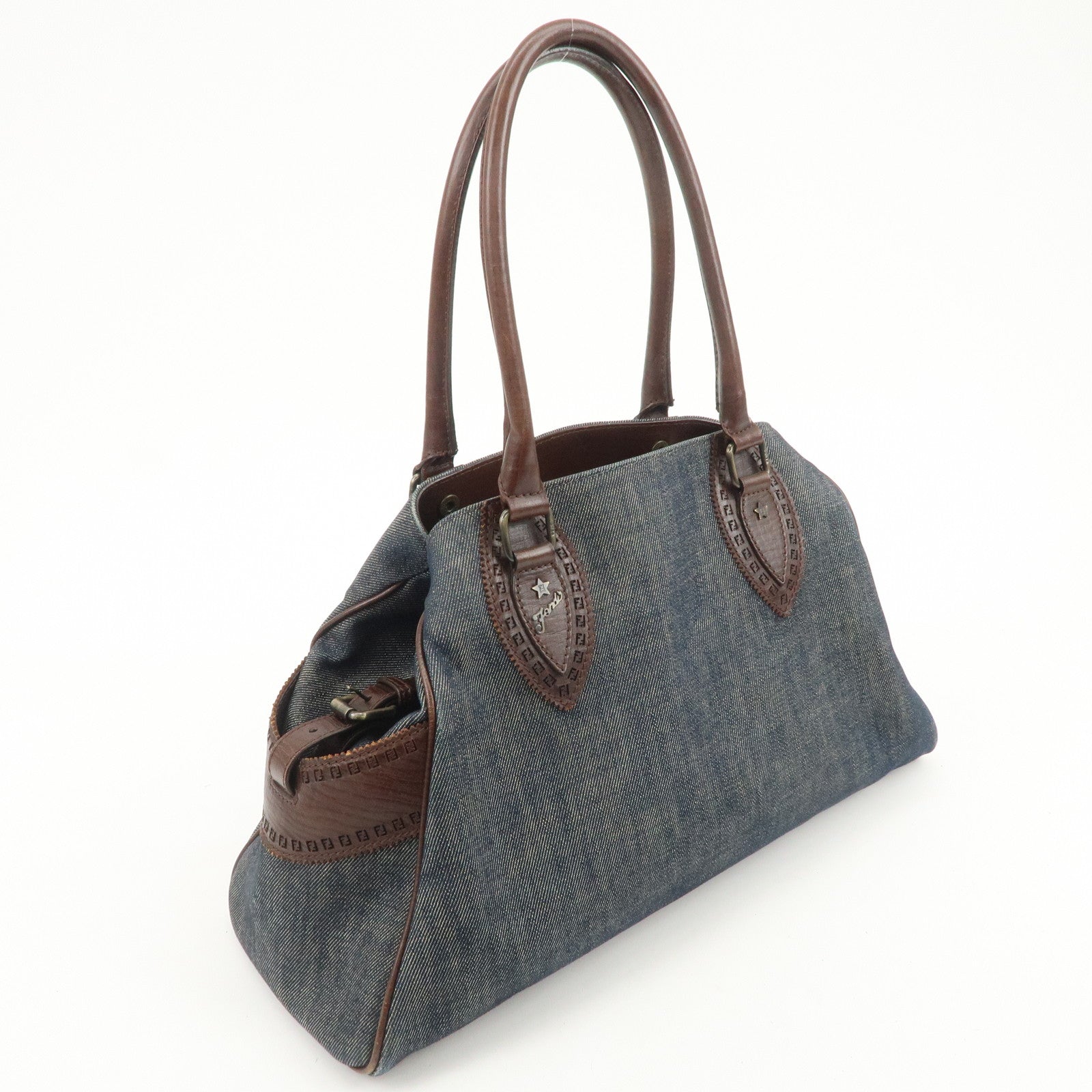 FENDI Etonico Denim Leather Tote Bag Shoulder Bag Brown 8BN162