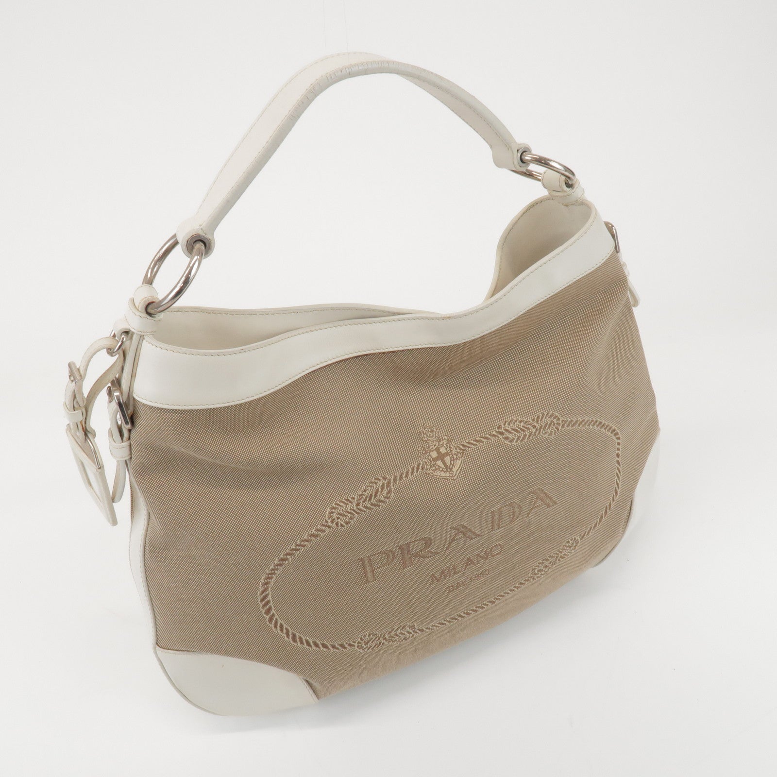 PRADA Jacquard Canvas Leather Shoulder Bag Hand Bag Beige Ivory