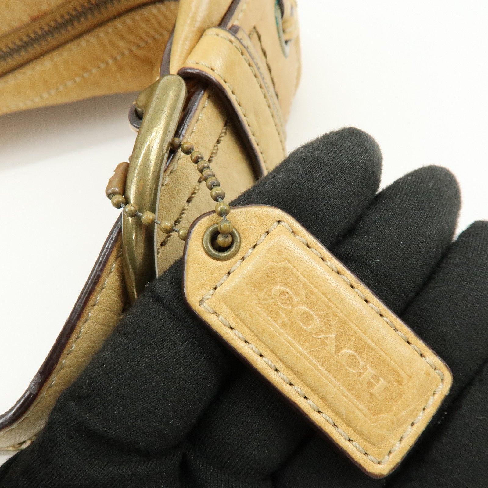 COACH Leather Shoulder Bag Hand Bag Studs Camel