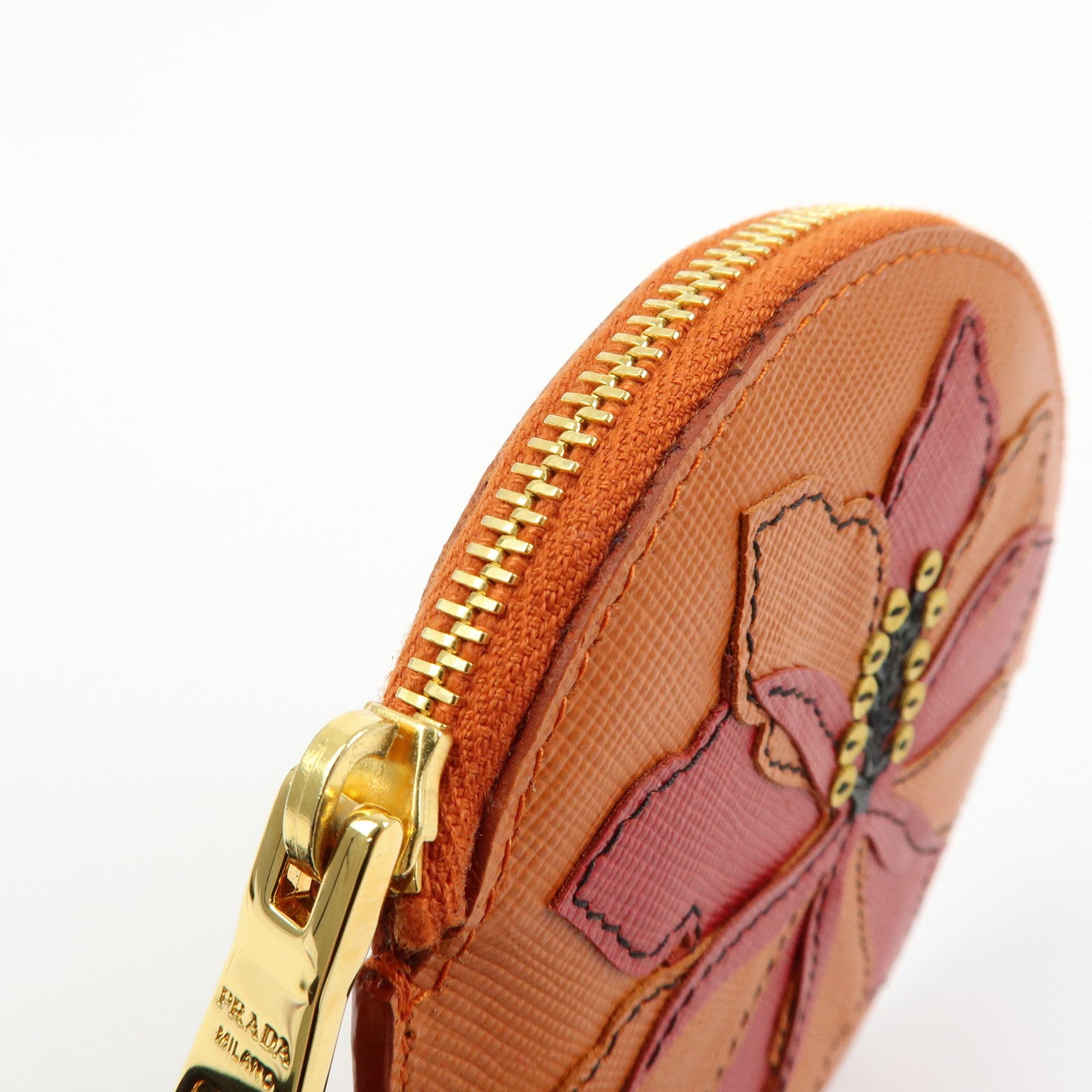PRADA Saffiano Leather Flower Motif Round Coin Case Orange 1M1400