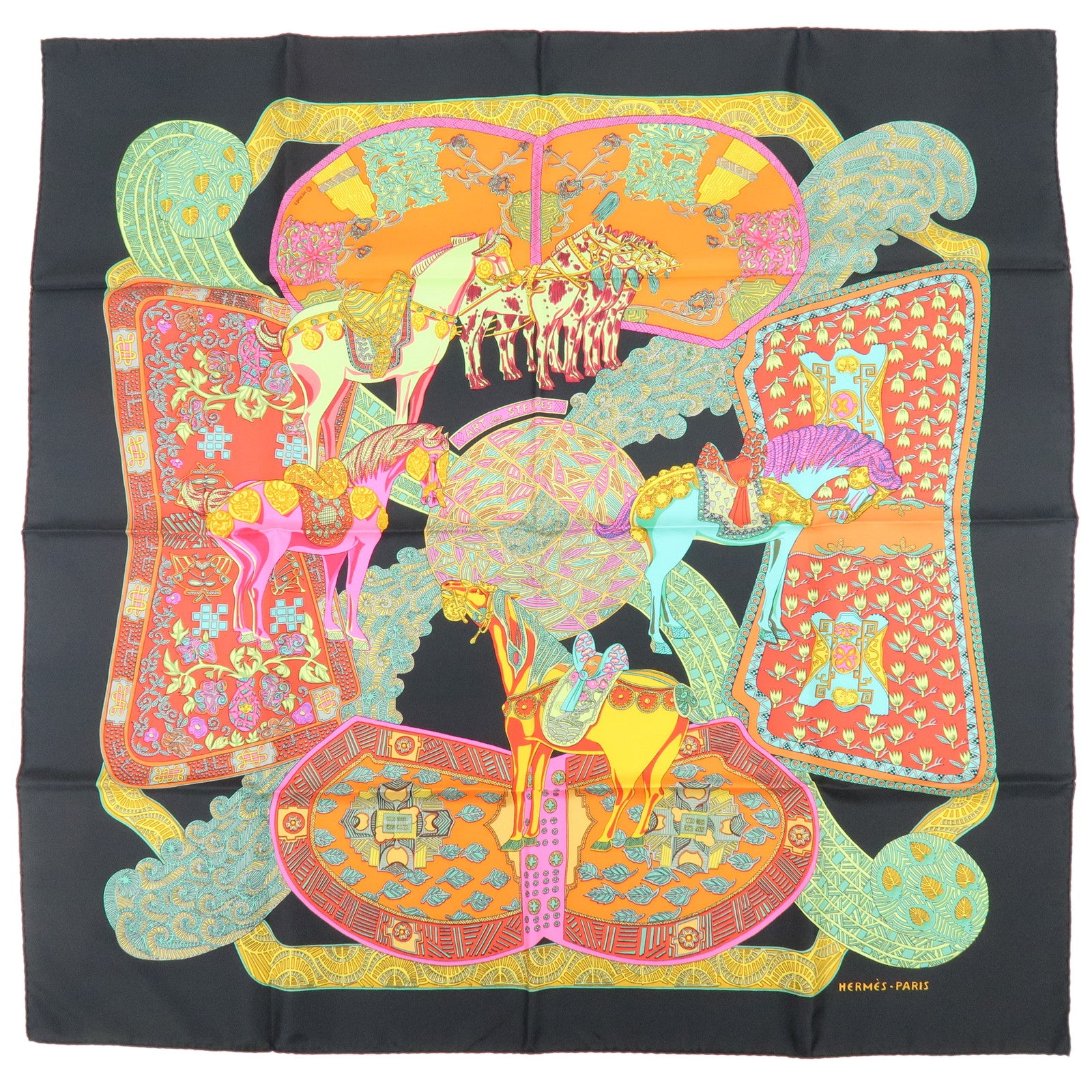 HERMES Carre 90 Silk 100% Scarf ART des STEPPES Horse Print Black