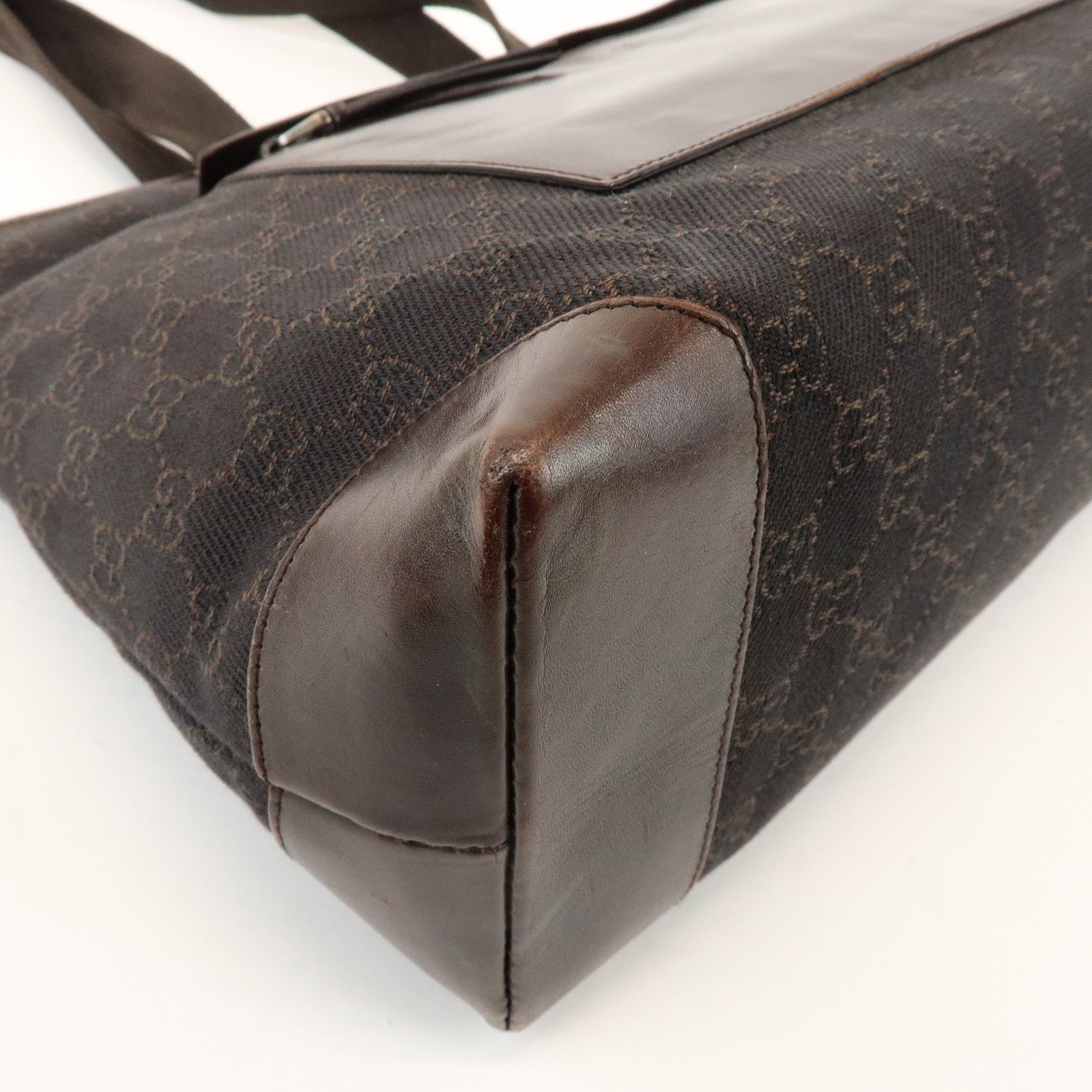 GUCCI GG Canvas Leather Tote Bag Shoulder Bag Dark Brown 34339