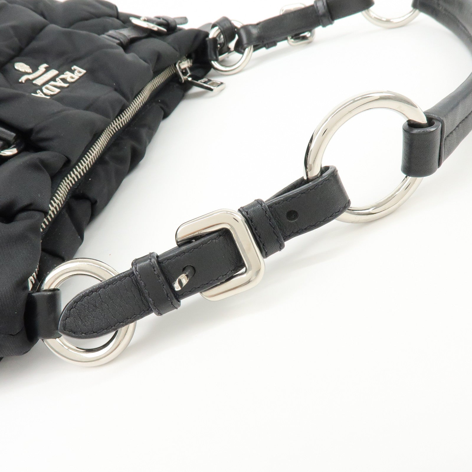 PRADA Logo Nylon Puffy Leather Shoulder Bag Hand Bag Black Silver
