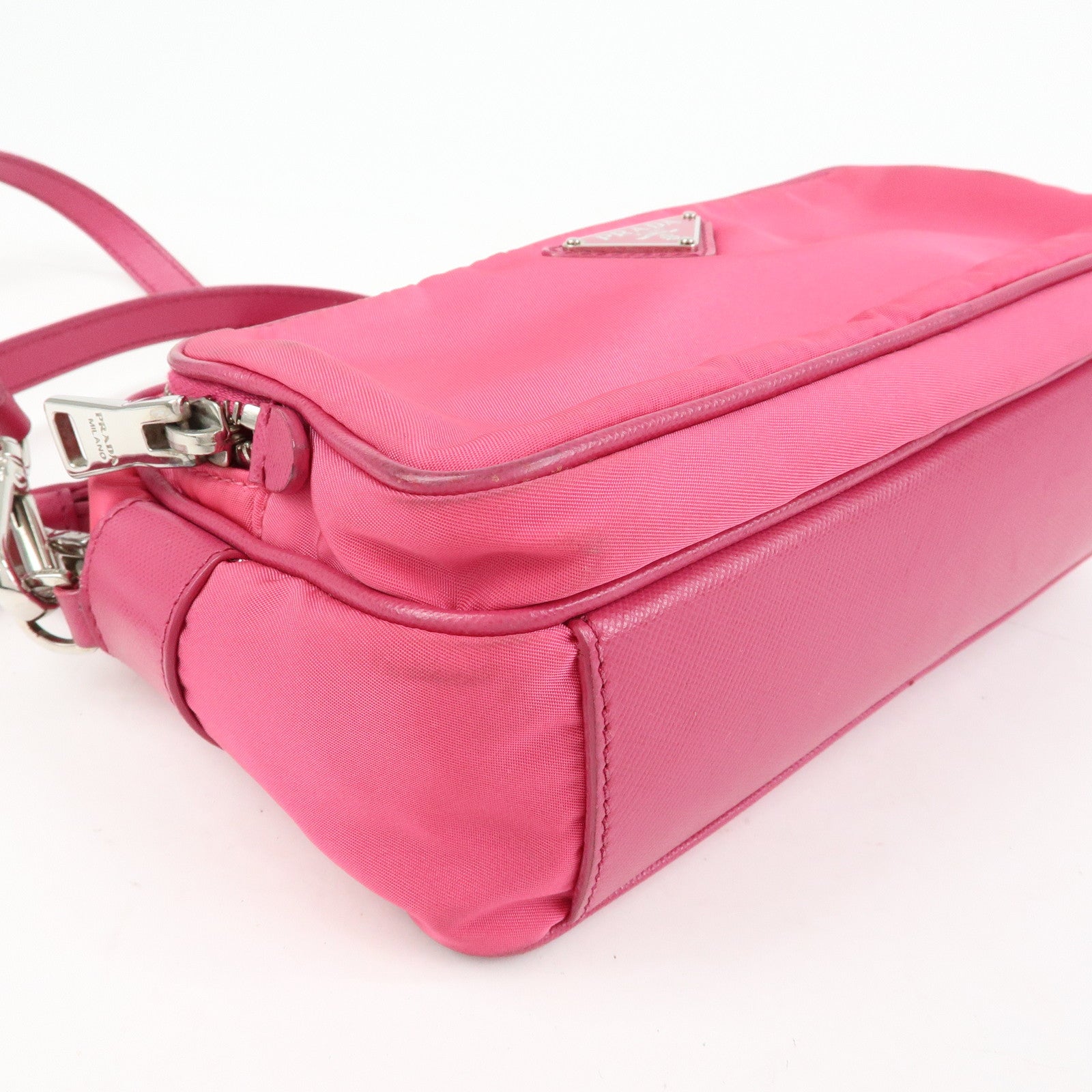 PRADA Triangle Logo Nylon Leather Shoulder Bag Pink BT1010