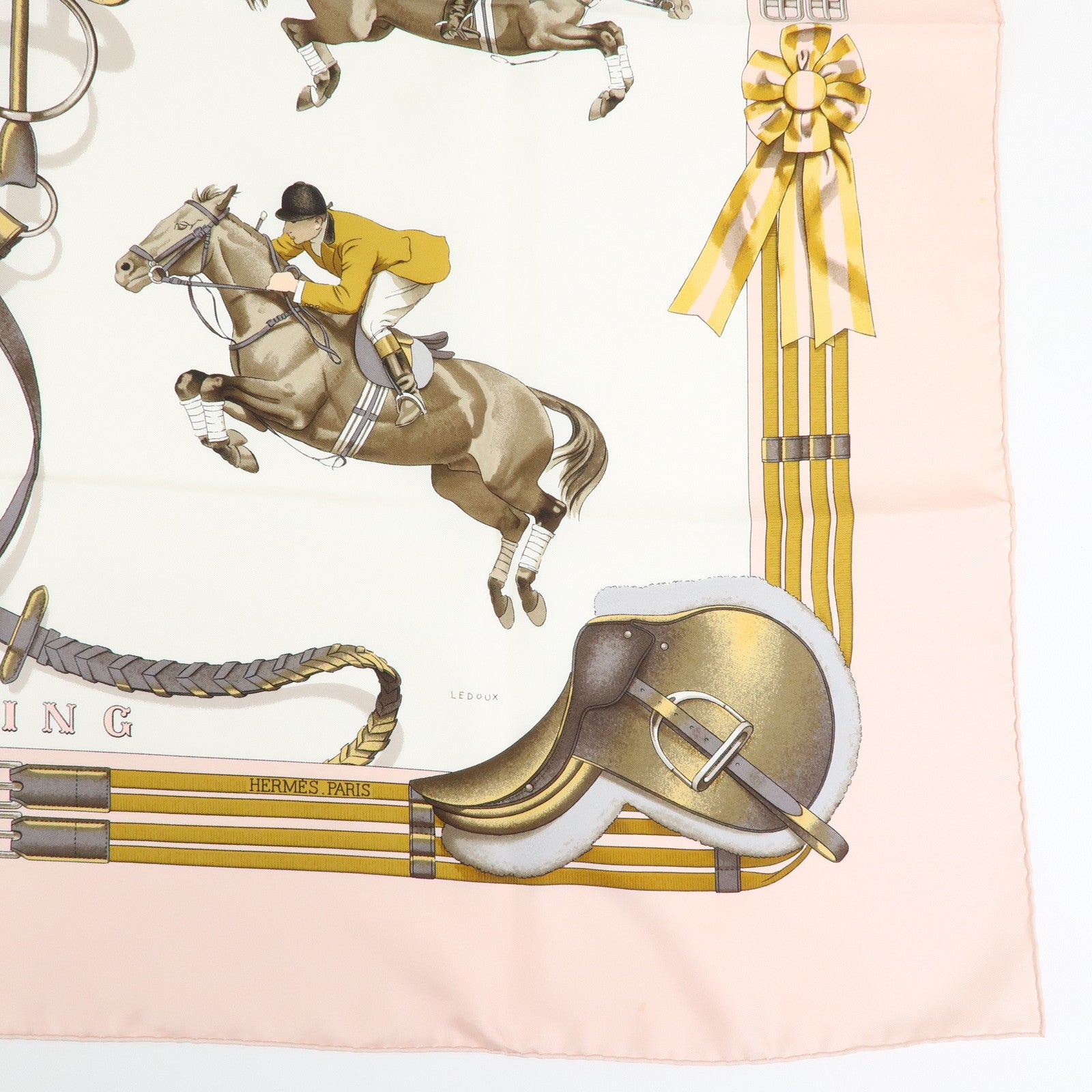 HERMES Carre 90 Silk 100% Scarf JUMPING Equestrianism Pink Brown
