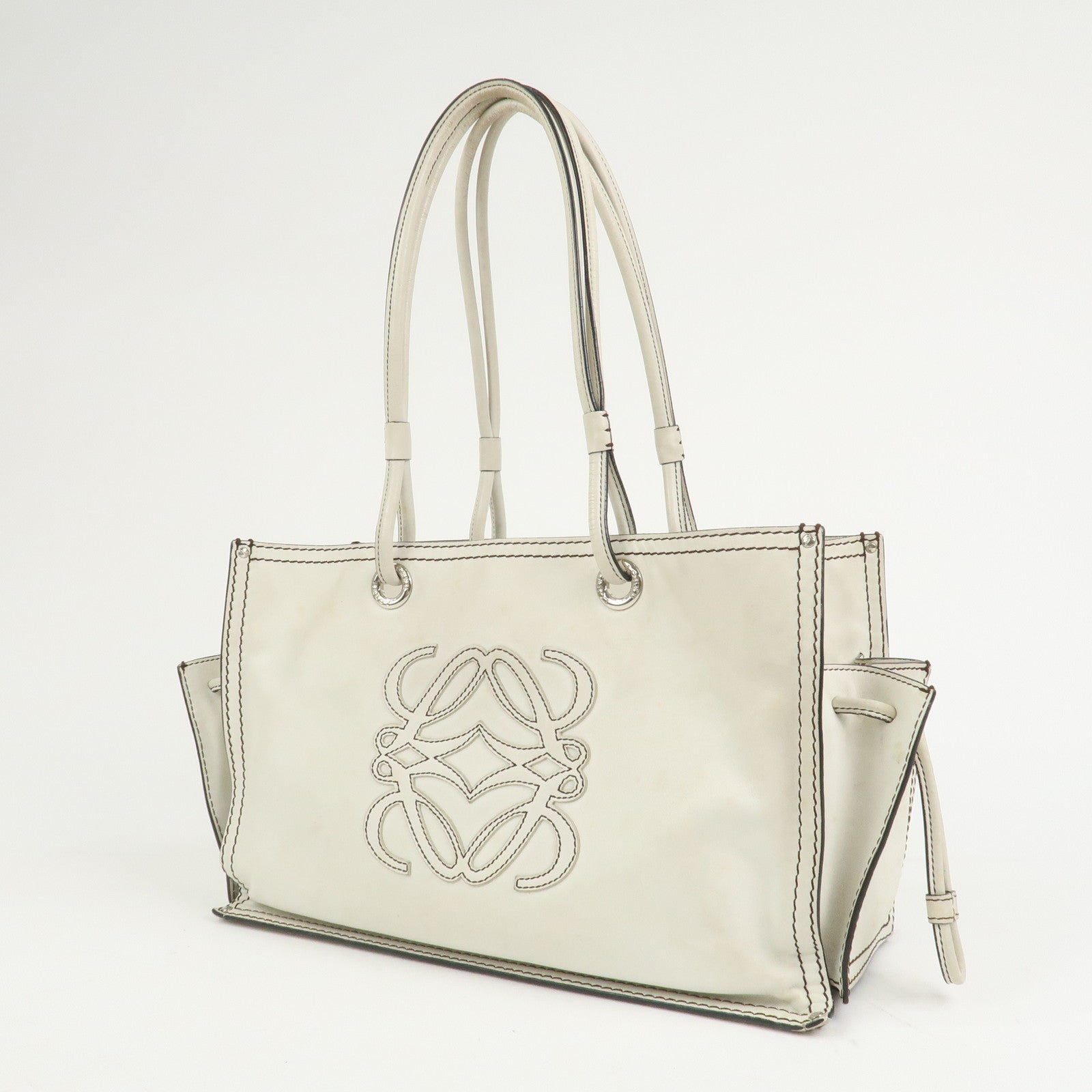 LOEWE Anagram Leather Shopper Tote Bag Shoulder Bag Hand Bag Ivory