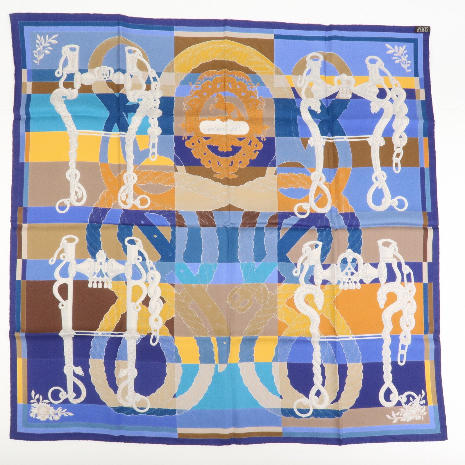 HERMES Carre 90 Silk 100% Scarf DELLA CAVALLERIA Blue Brown