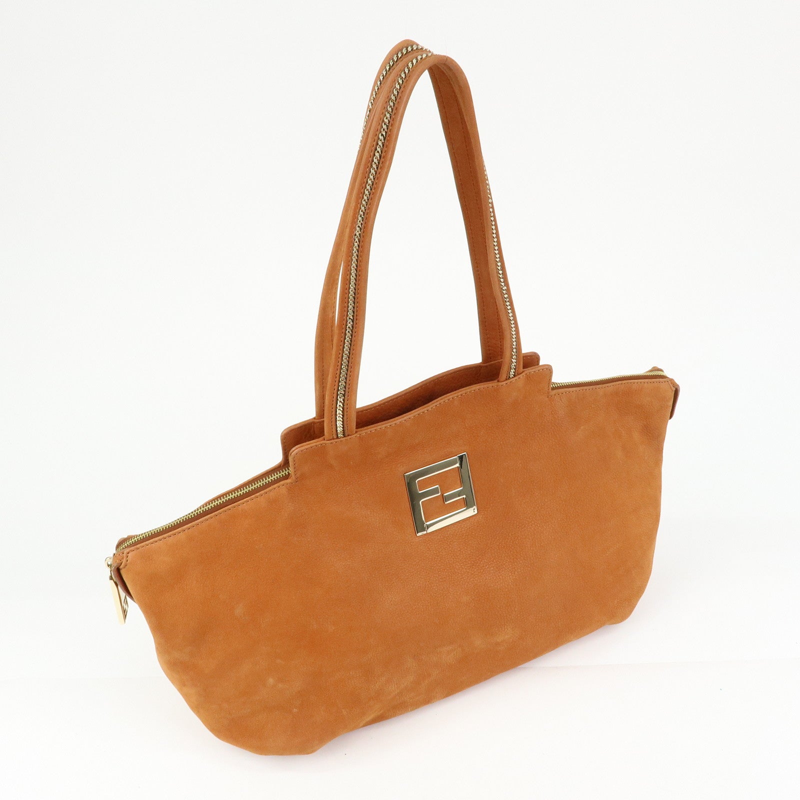 FENDI Leather LAMPO Tote Bag Shoulder Bag Camel Brown 8BR636