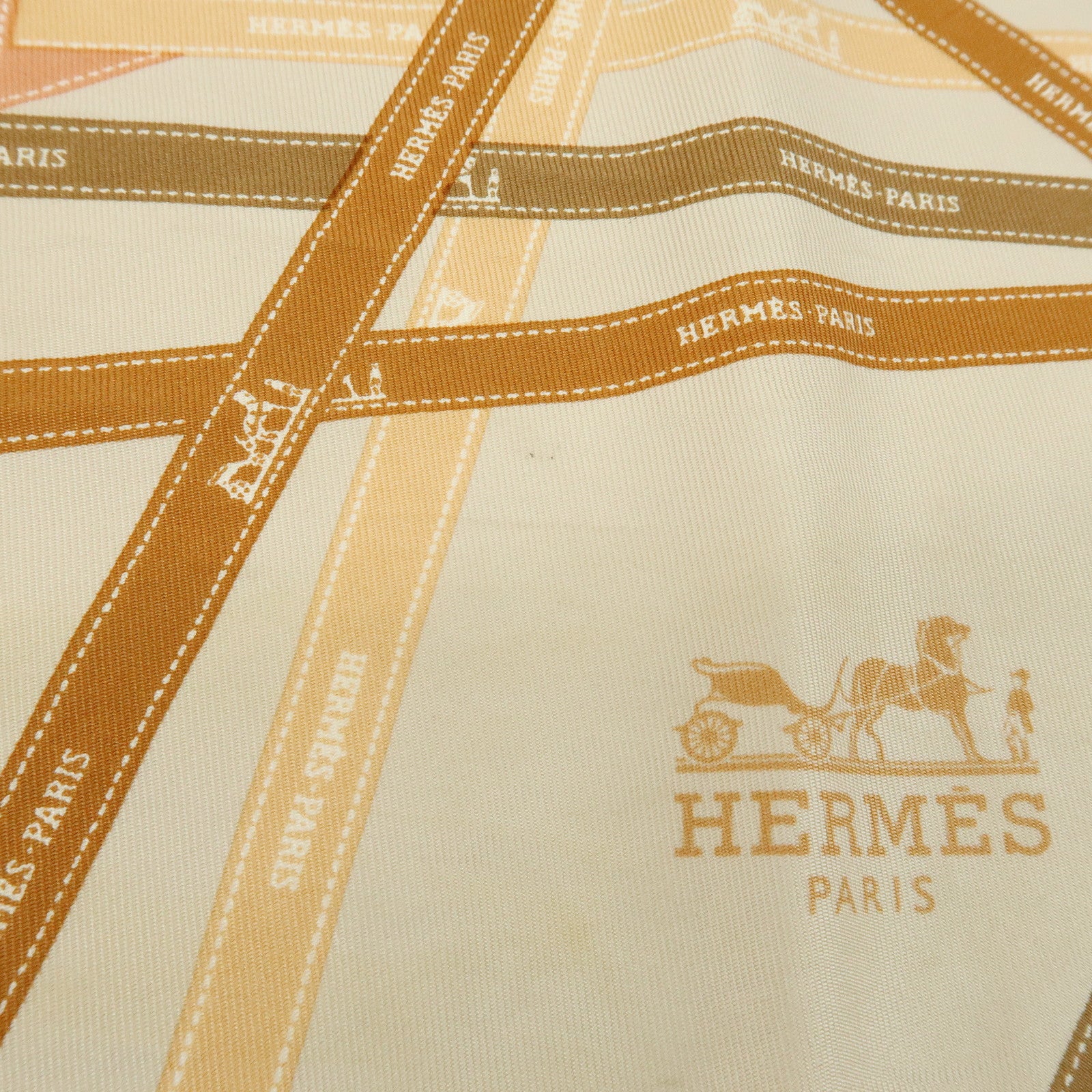 HERMES Pointu Set of 2 Silk 100% Scarf Ribbon Print Orange Beige