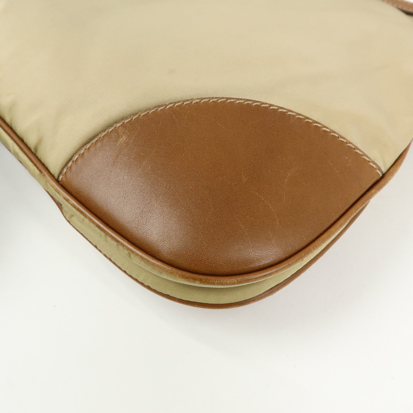 PRADA Triangle Logo Nylon Leather Shoulder Bag Crossbody Bag Beige