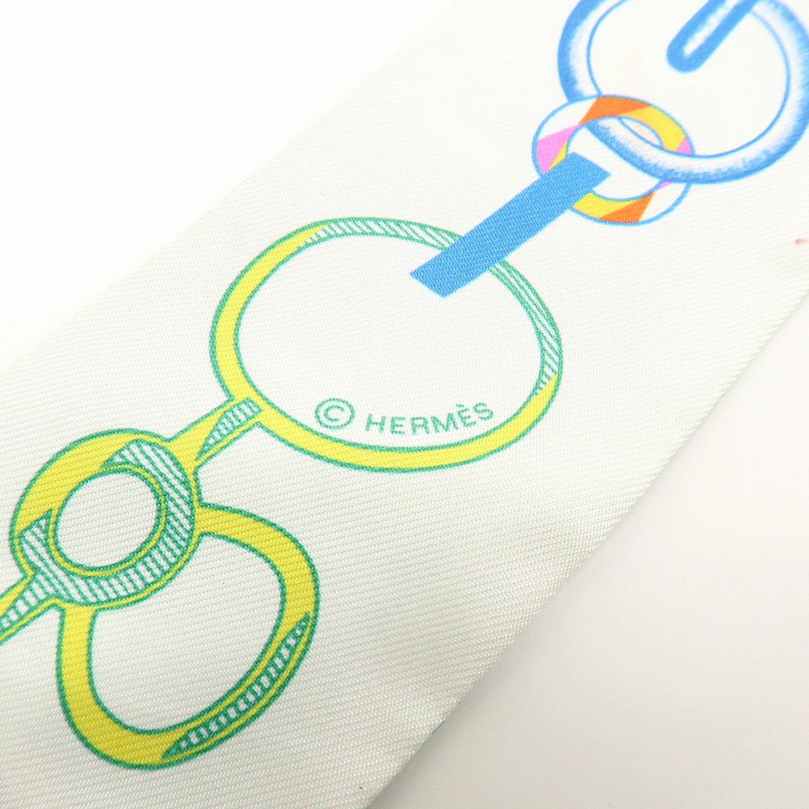 HERMES Twilly Silk 100% Scarf DO RE BOUCLES Green Ivory