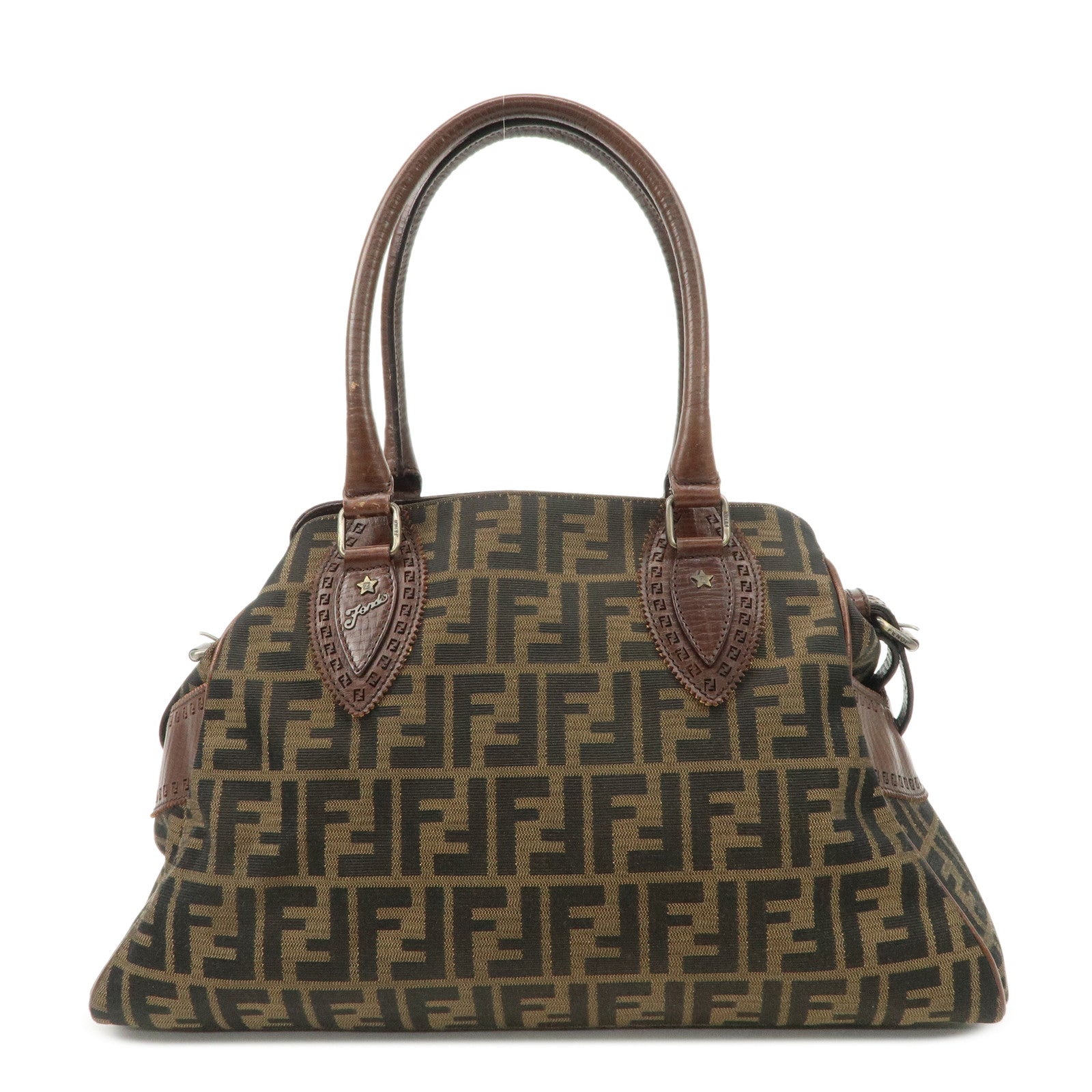 FENDI Zucca Canvas Leather Tote Bag Hand Bag Black Brown 8BN162 Used