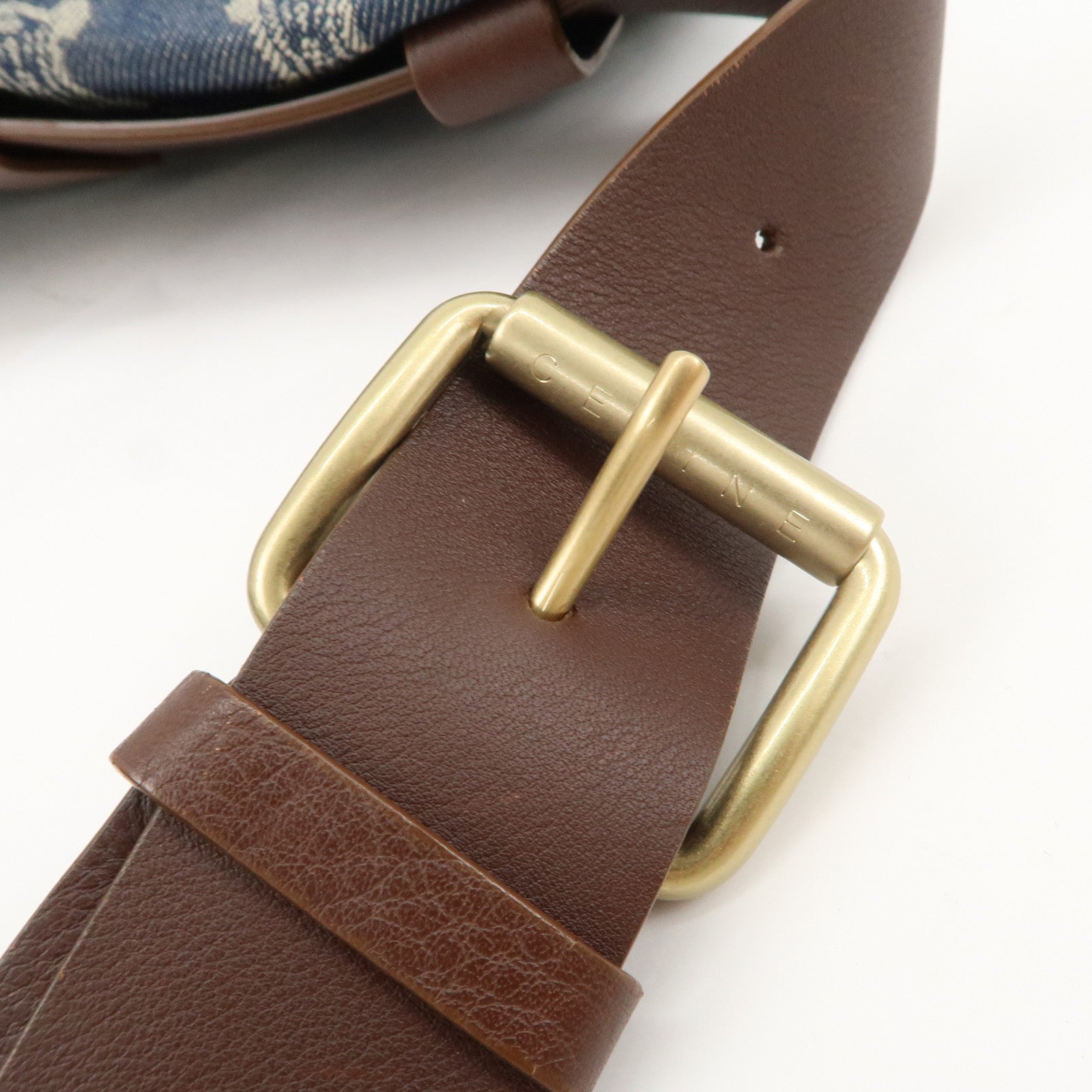 CELINE Macadam Waist Bag Denim Navy Dark Brown Gold HDW Used