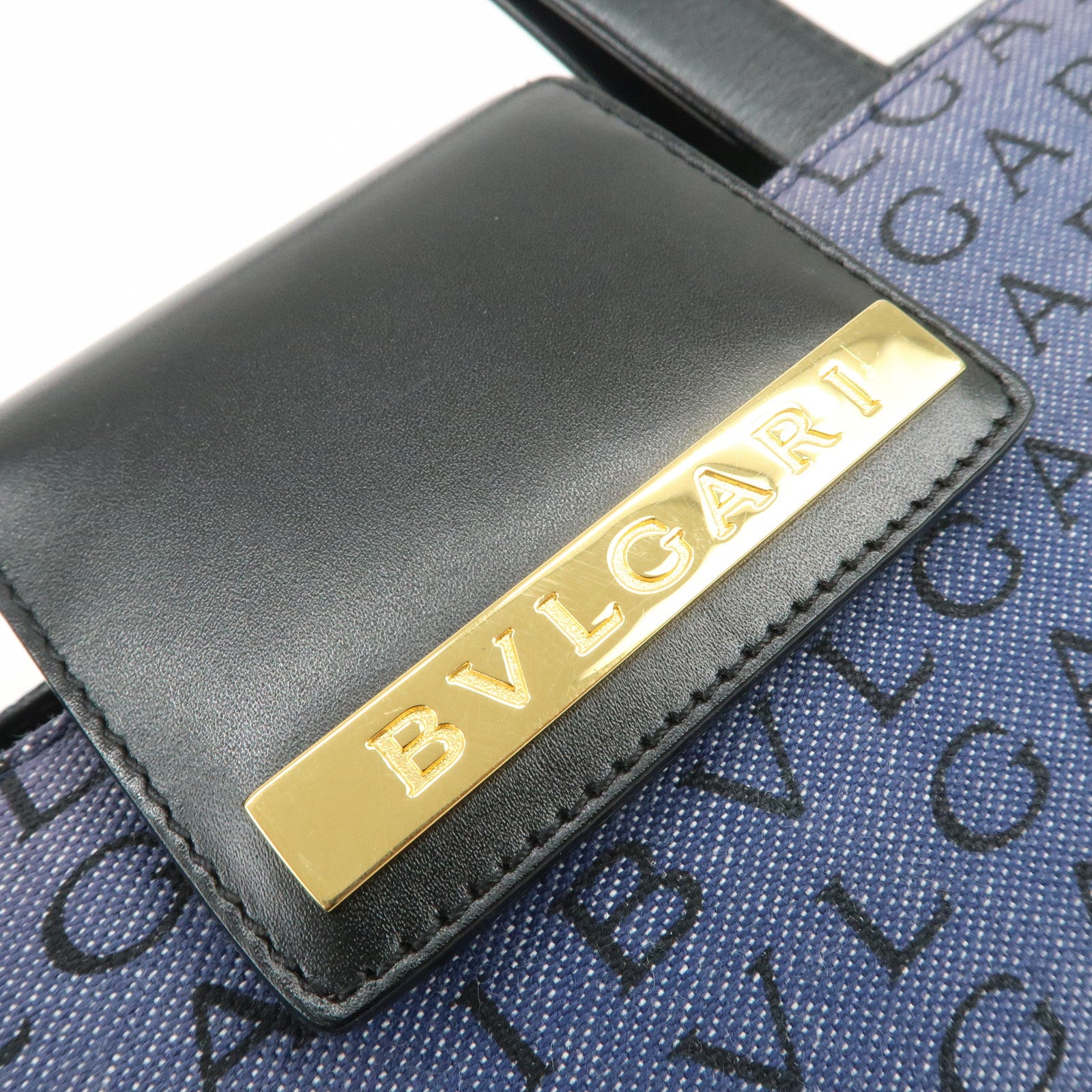 BVLGARI Logo Mania Denim Leather Shoulder Bag Hand Bag Blue Black