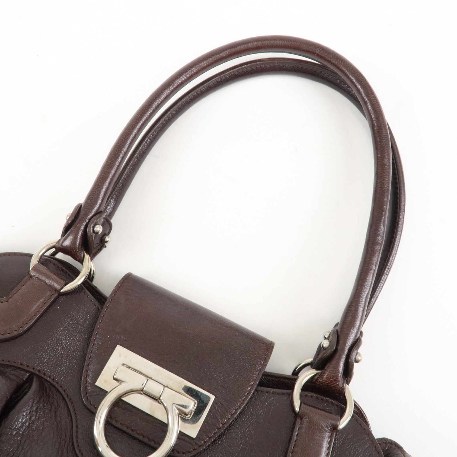 Ferragamo Ganchini Leather Shoulder Bag Hand Bag Dark Brown Used