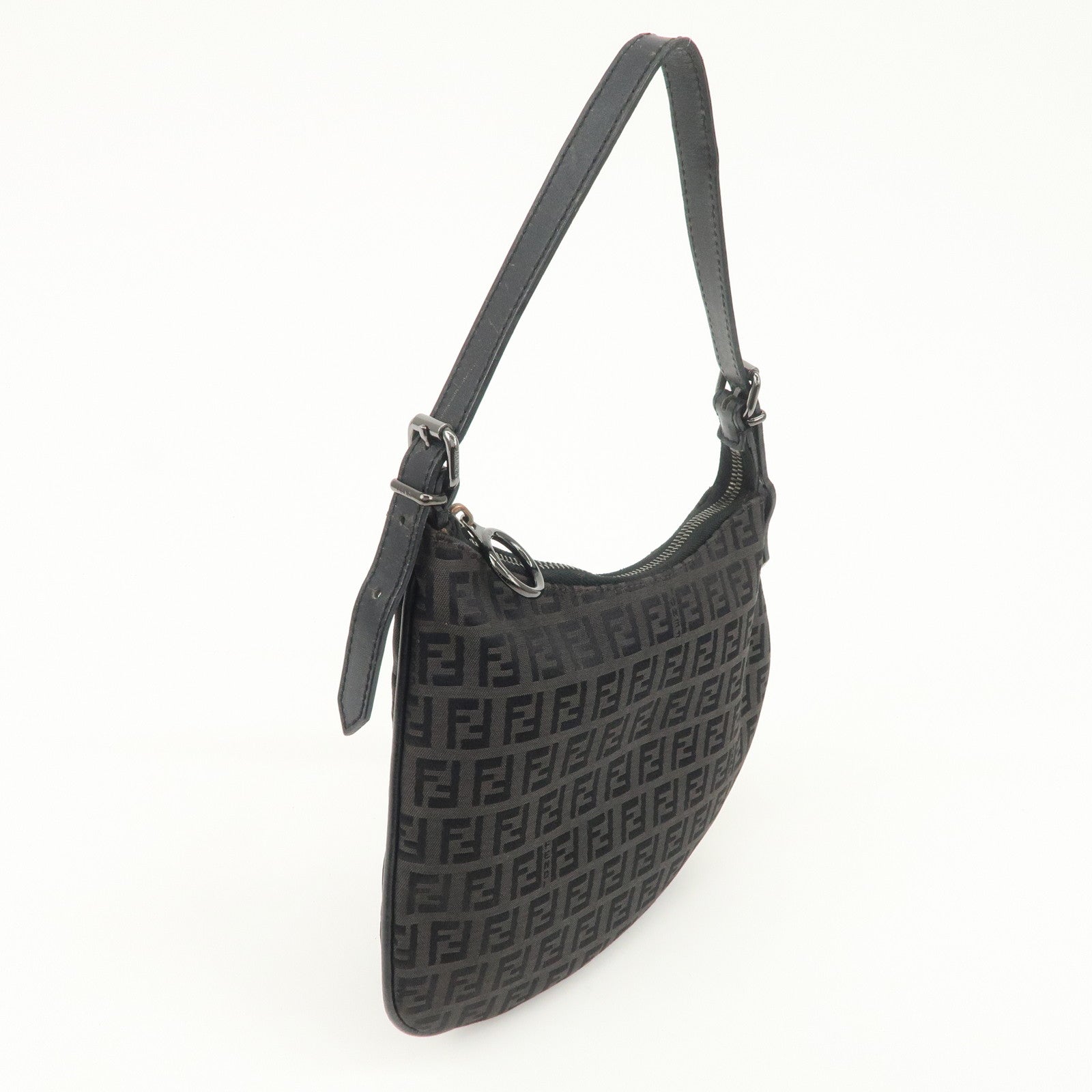 FENDI Zucchino Canvas Leather Shoulder Bag Hand Bag Black 8BR248