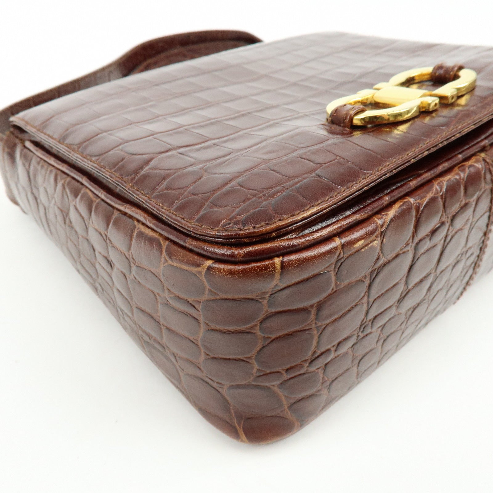 Ferragamo Gancini Embossed Leather Shoulder Bag Crossbody Bag Brown