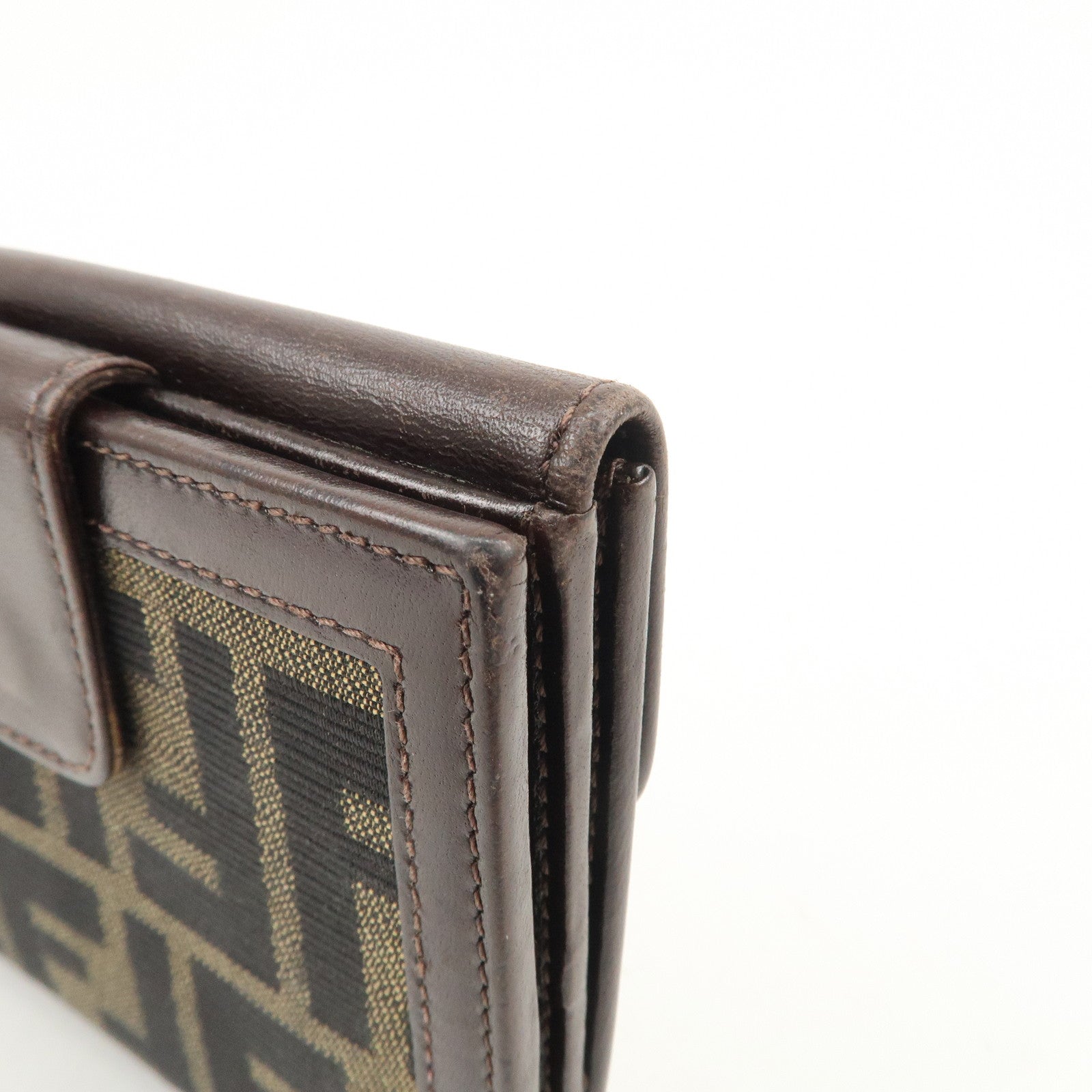 FENDI Zucca Logo Canvas Leather Compact Wallet Brown 12671