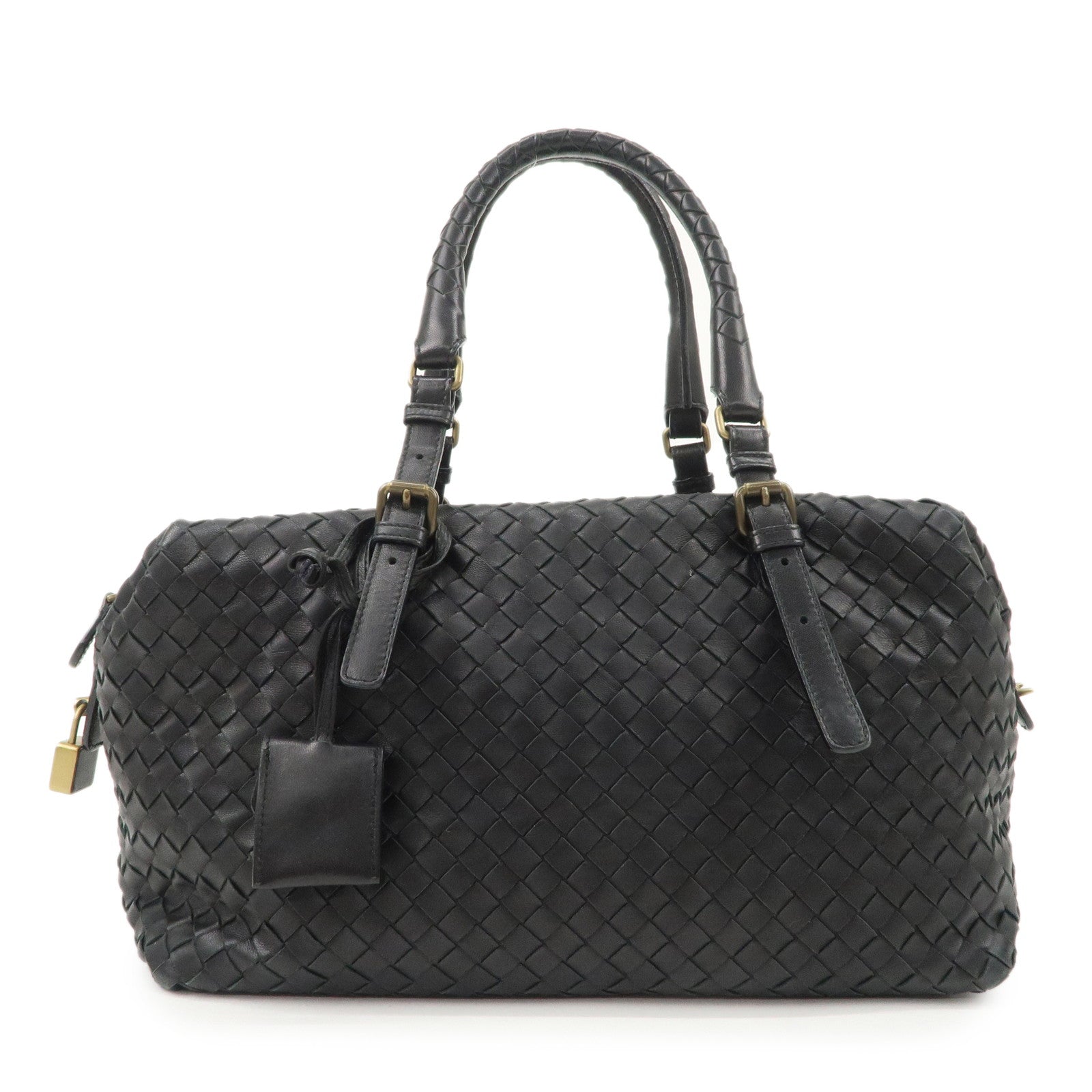 BOTTEGA VENETA Intrecciato Leather Boston Bag Hand Bag Black 173398