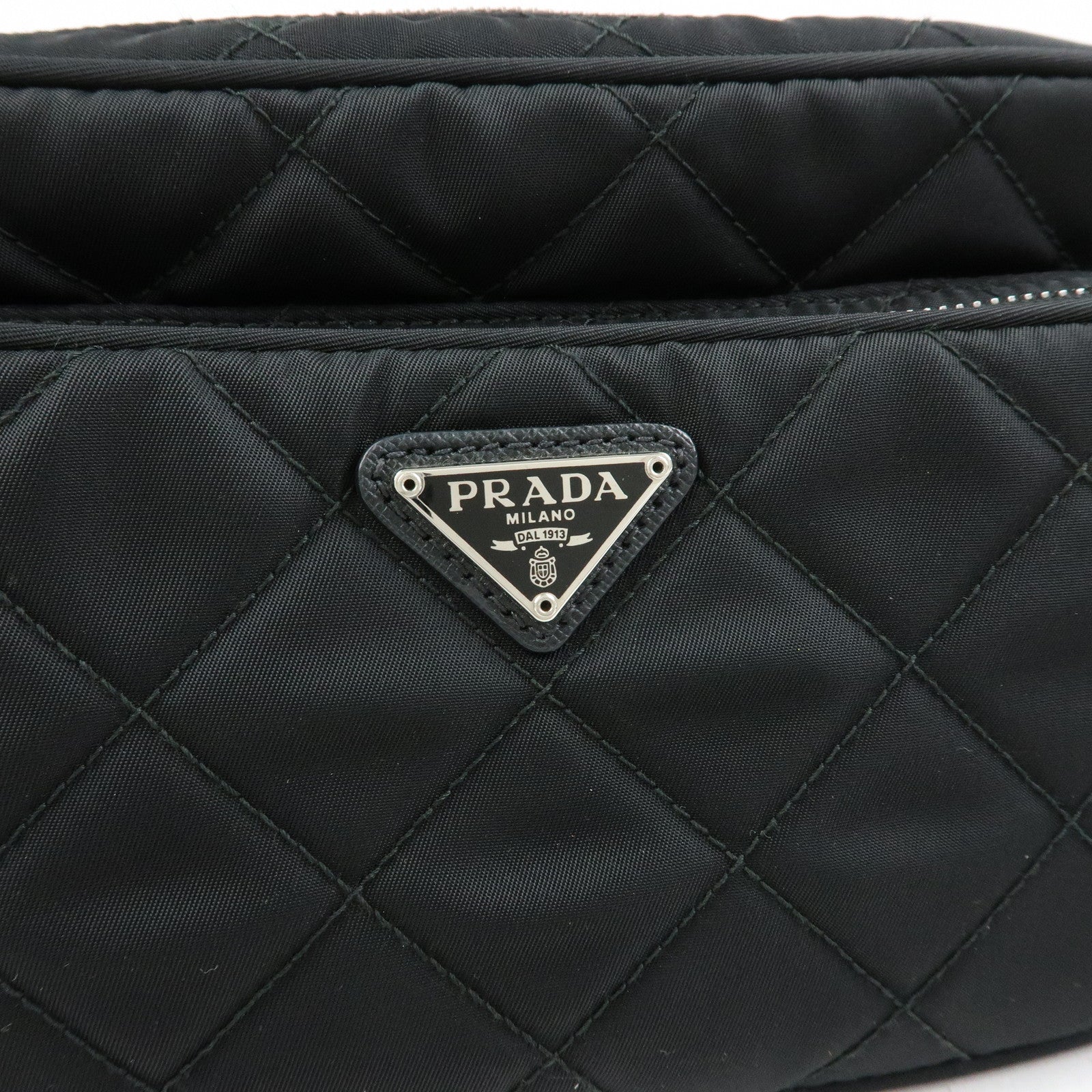 PRADA Triangle Logo Nylon Leather Quilt Shoulder Bag Black BT1027