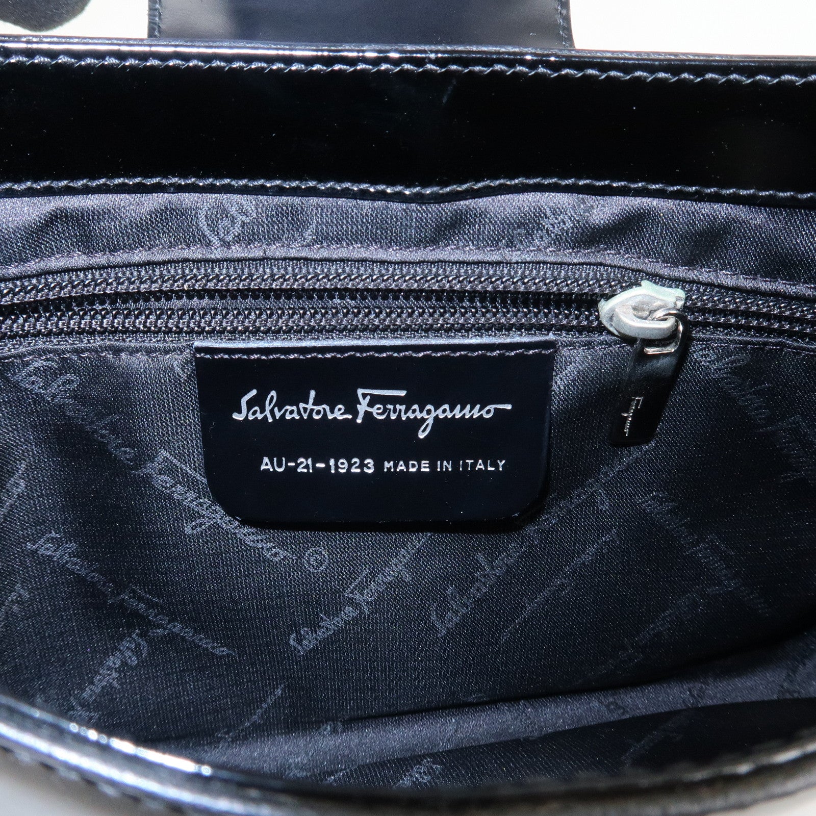 Ferragamo Patent Leather Shoulder Bag Hand Bag Black Silver HDW