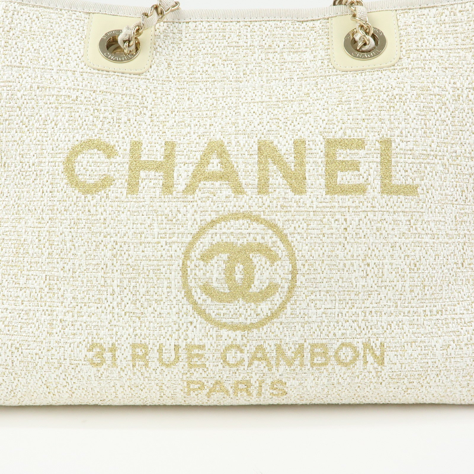 CHANEL Deauville MM Straw Leather Tote Shoulder Bag White A67001