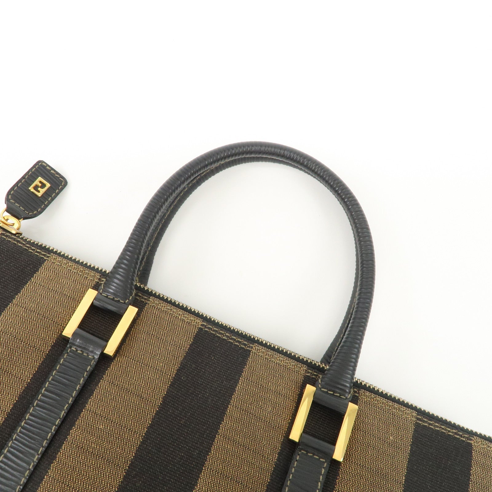 FENDI Pequin Canvas Leather Hand Bag Tote Bag Black Brown