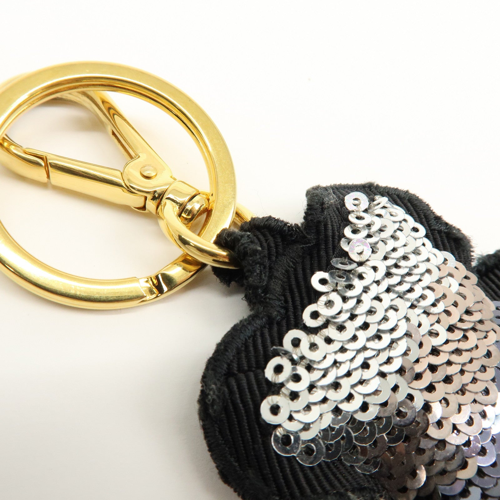 PRADA Bear Motif Canvas Sequins Bag Charm Key Holder Black Silver