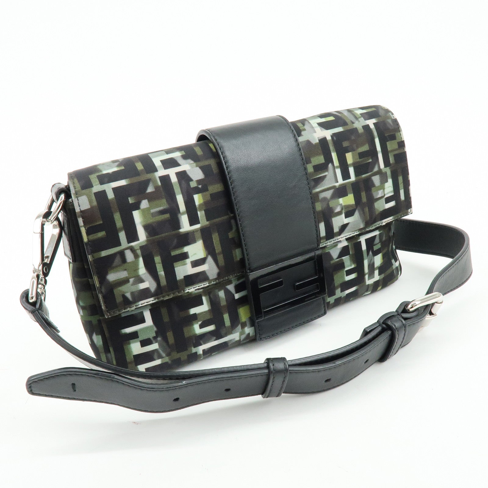 FENDI Zucca Nylon Leather Shoulder Bag Waist Bag Black Green 7VA472