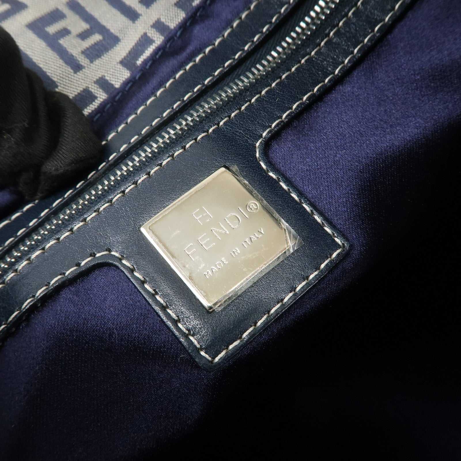 FENDI Zucchino Canvas Leather Tote Bag Shoulder Bag Navy Gray