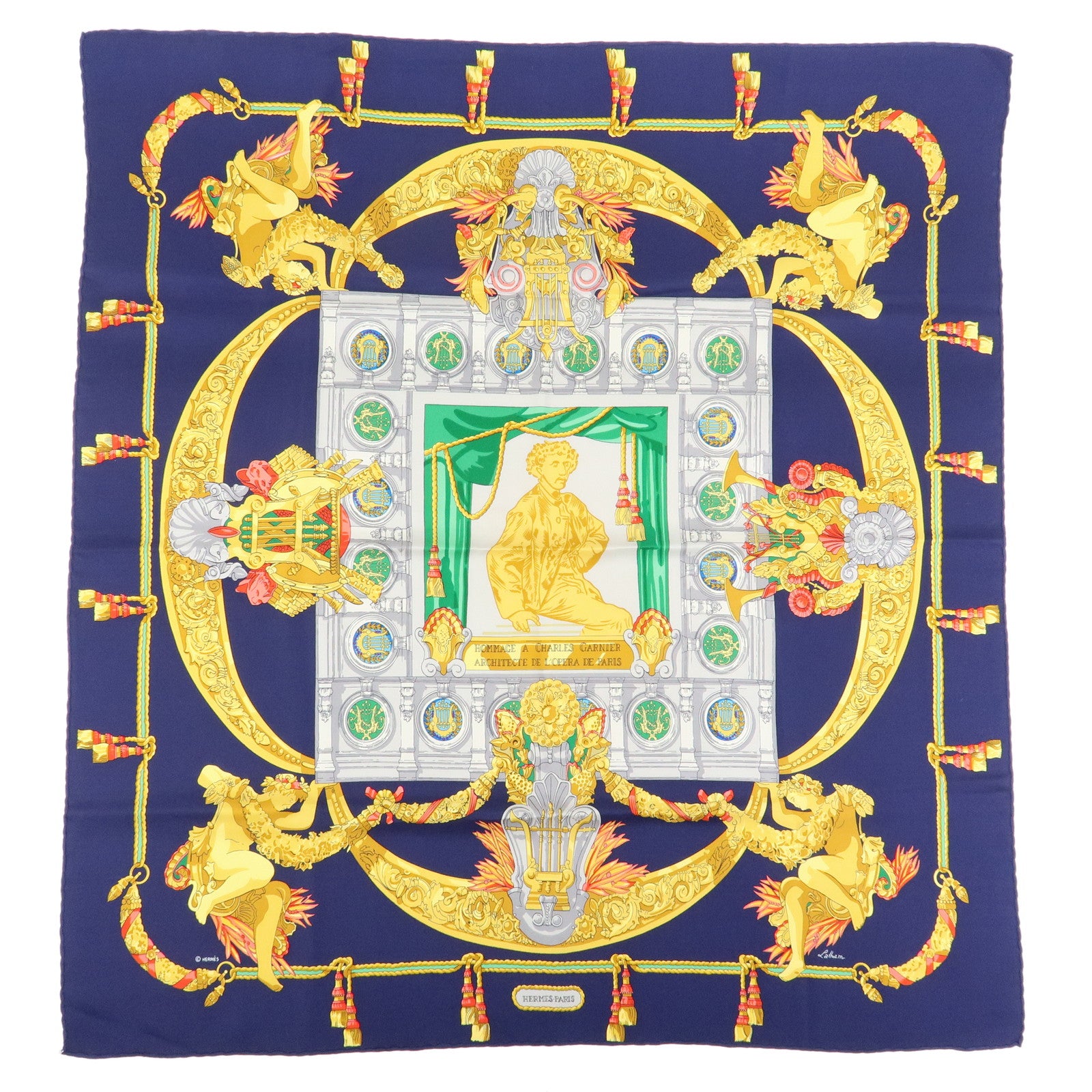 HERMES Carre 90 Silk 100% Scarf HOMMAGE A CHARLES GARNIER Navy
