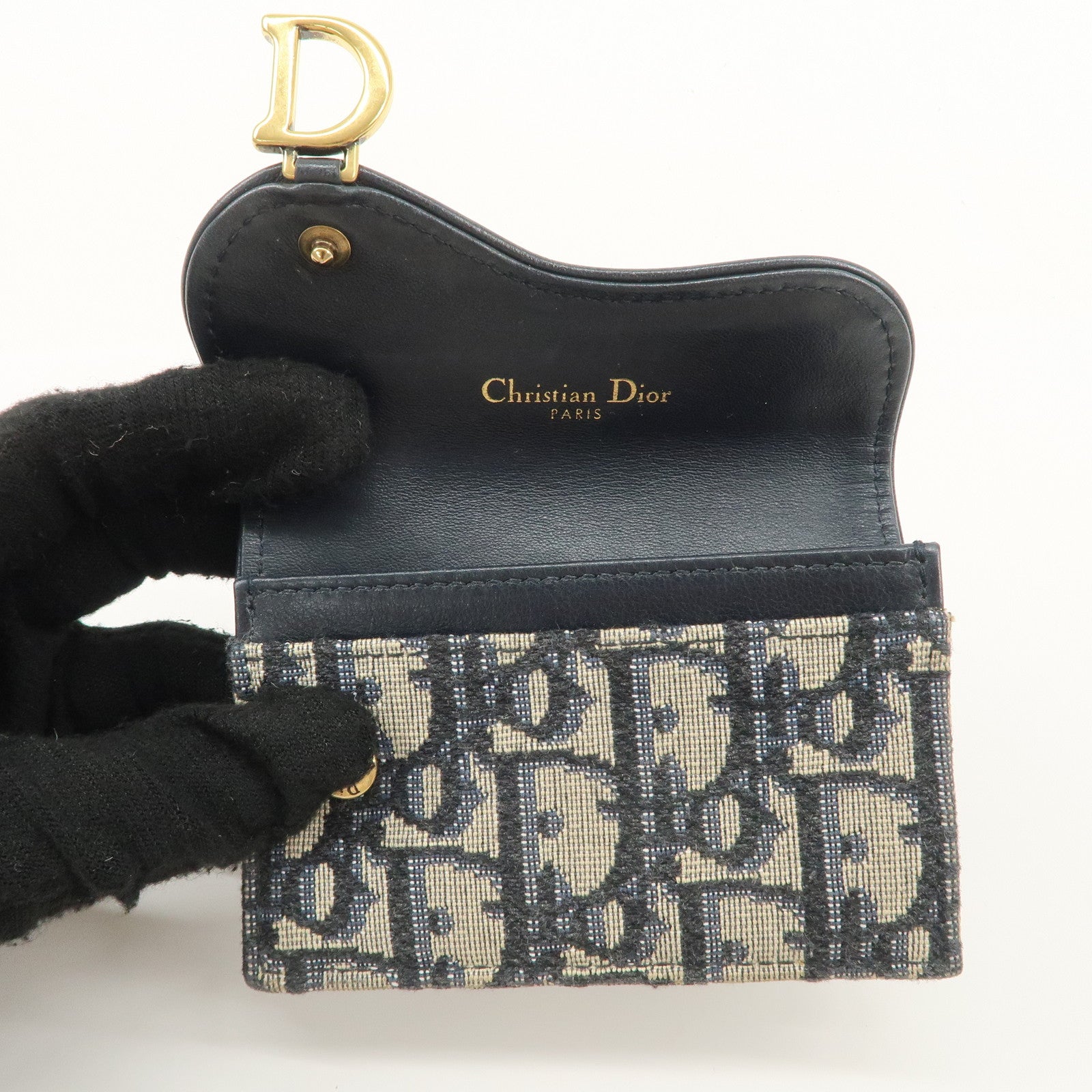 Christian Dior Oblique Canvas Leather Saddle Card Case Beige Navy Used