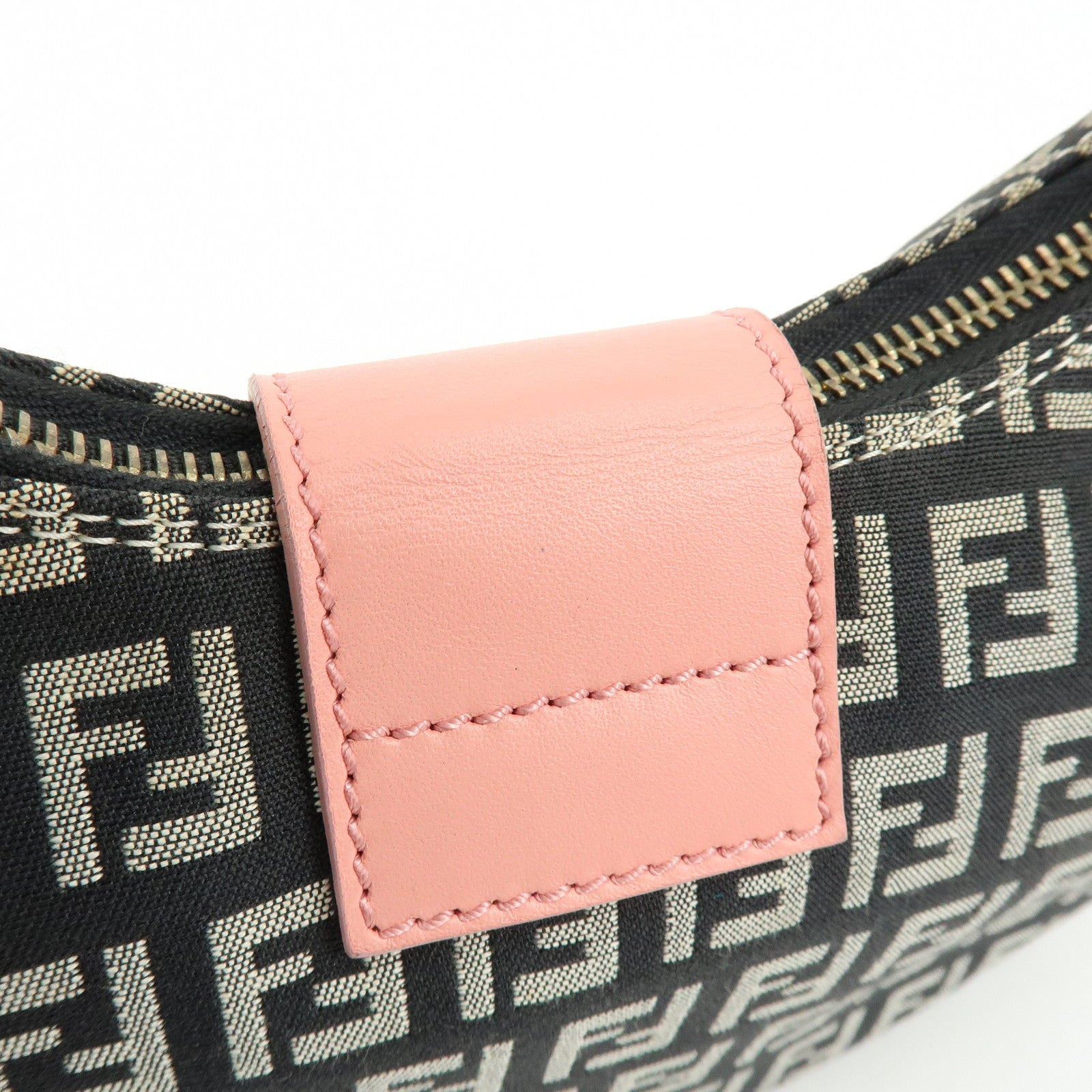 FENDI Zucchino Canvas Leather Shoulder Bag Black Pink 8BR020