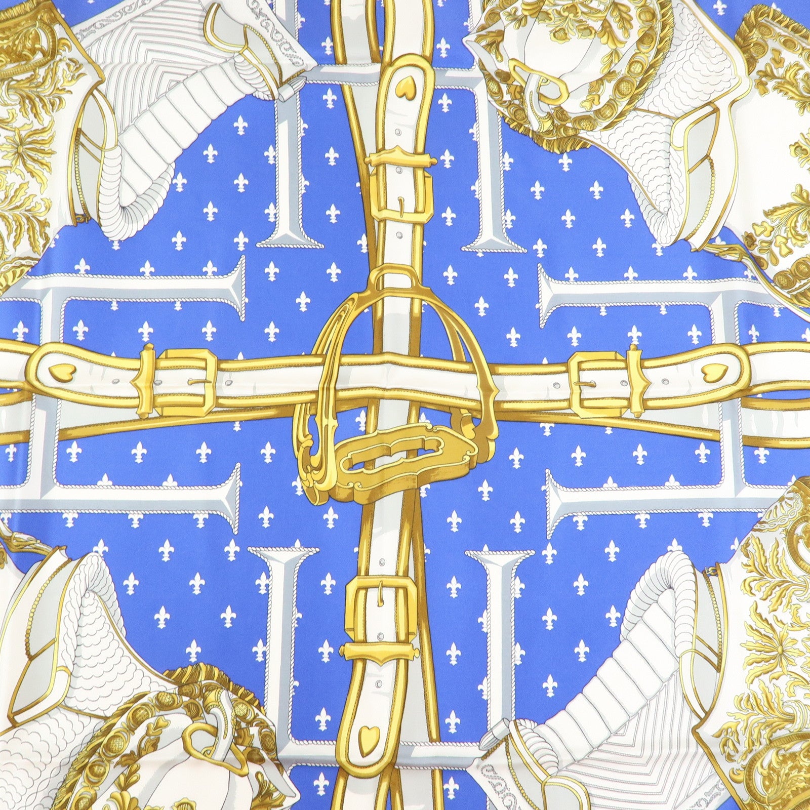 HERMES Carre 90 Silk 100% Scarf SELLES A HOUSSE Blue White Gold Red