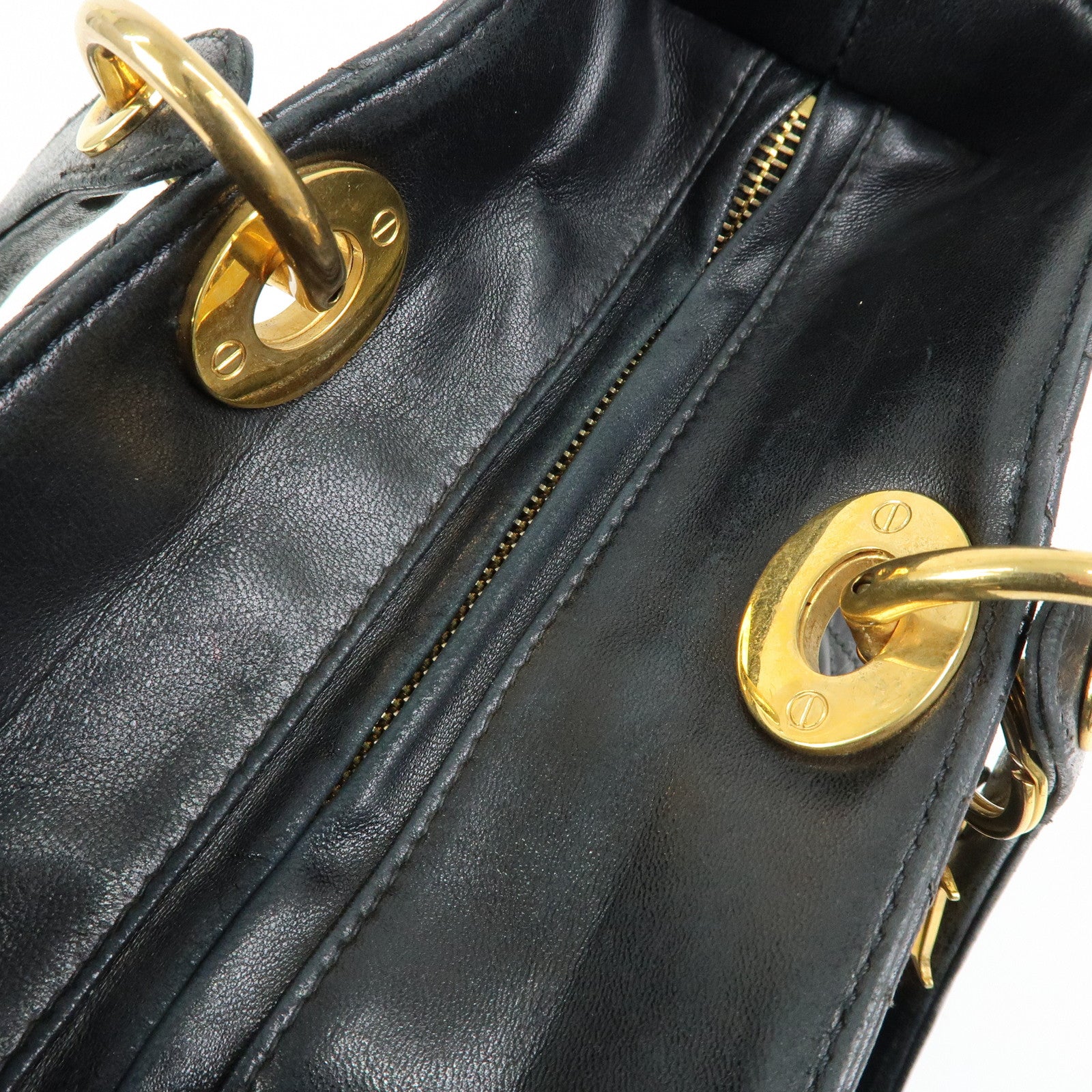 Christian Dior Canage Lady Dior Lamb Skin Hand Bag Black