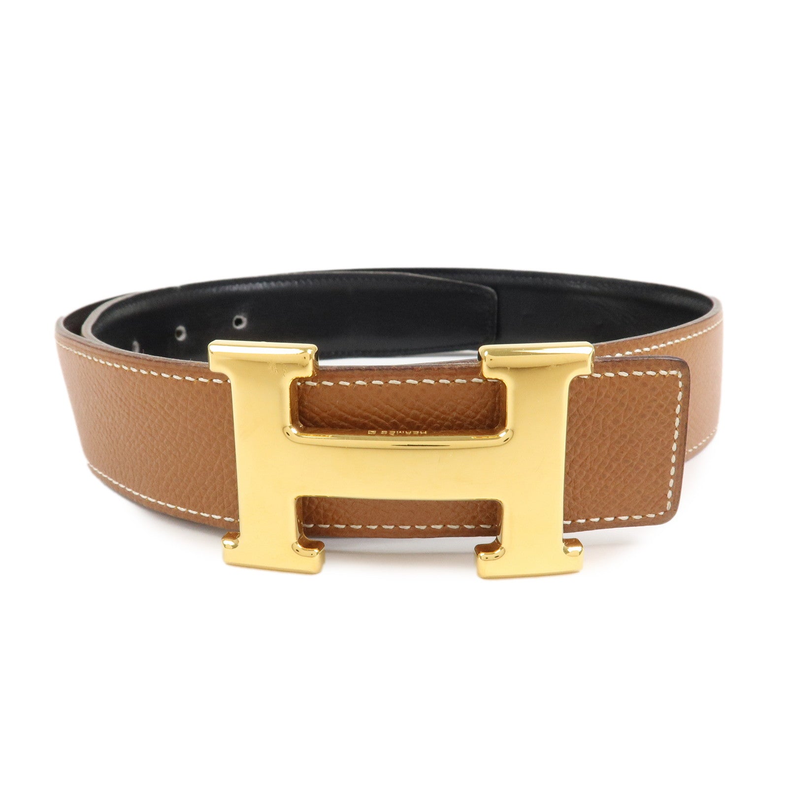 HERMES Leather H Buckle Constance Belt Reversible Black