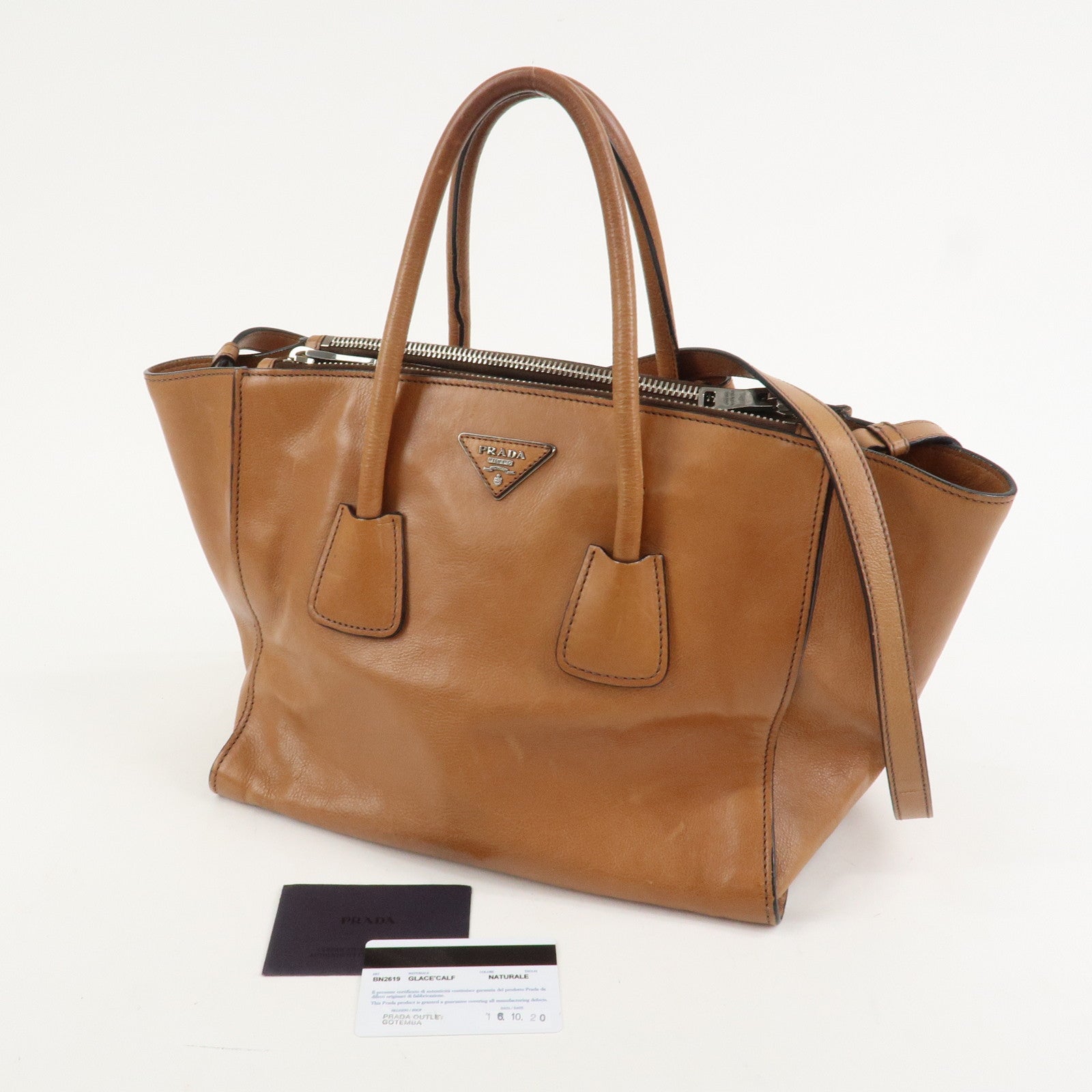PRADA Triangle Logo Leather 2Way Hand Bag Shoulder Bag Brown BN2619