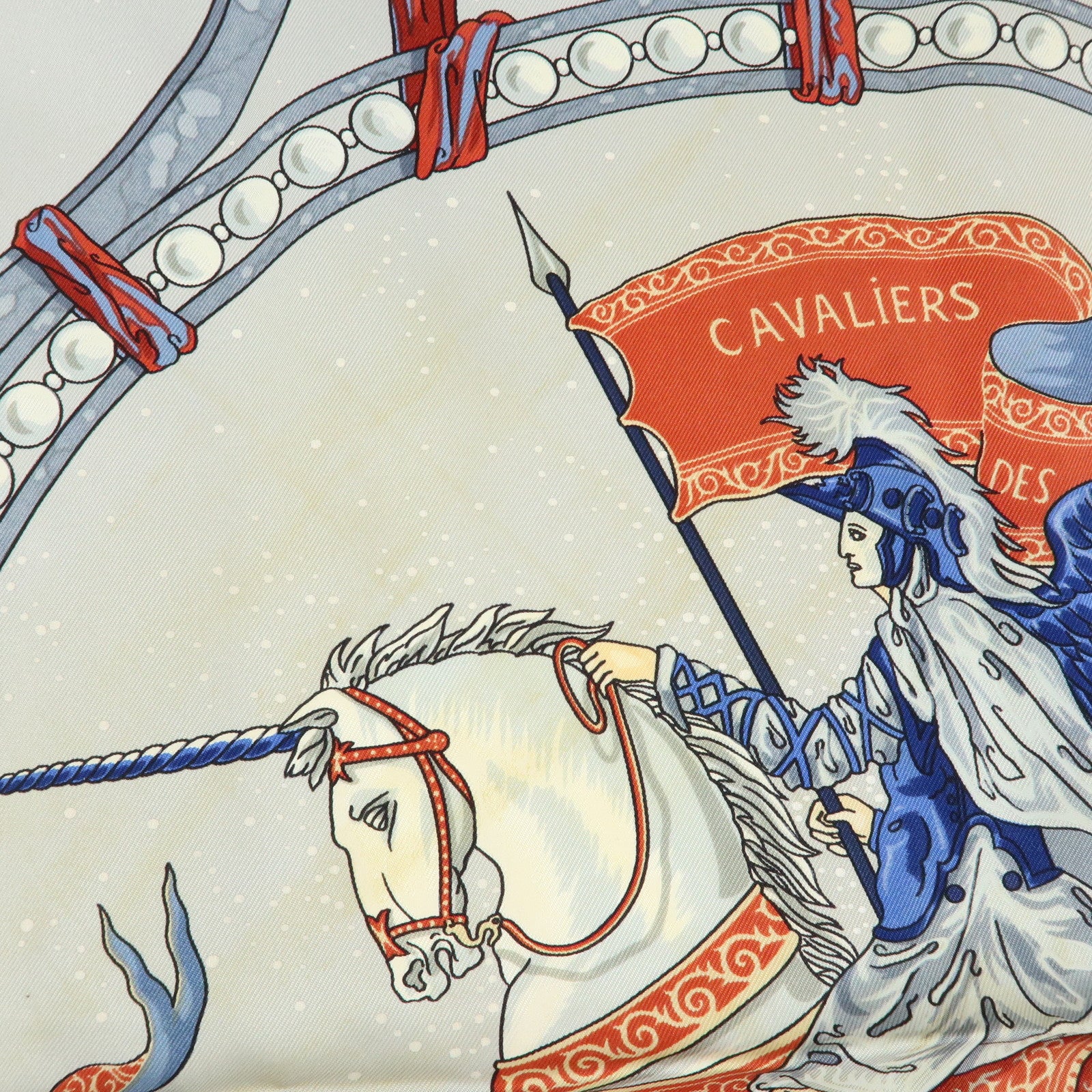 HERMES Carre 90 Silk 100% Scarf CAVALIERS DES NUAGES Gray Blue