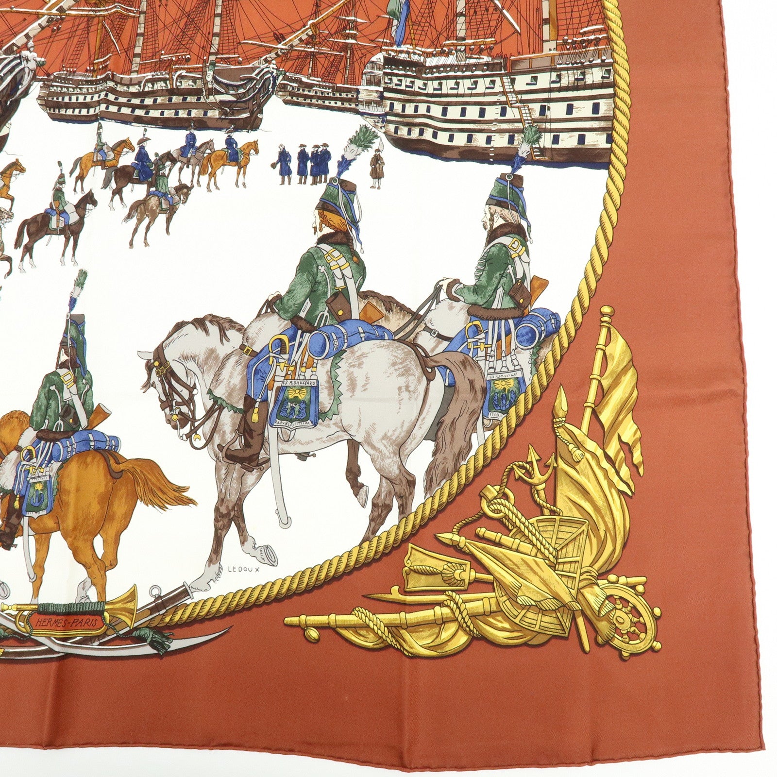 HERMES Carre 90 Silk 100% Scarf MARINE ET CAVALERIE Brown
