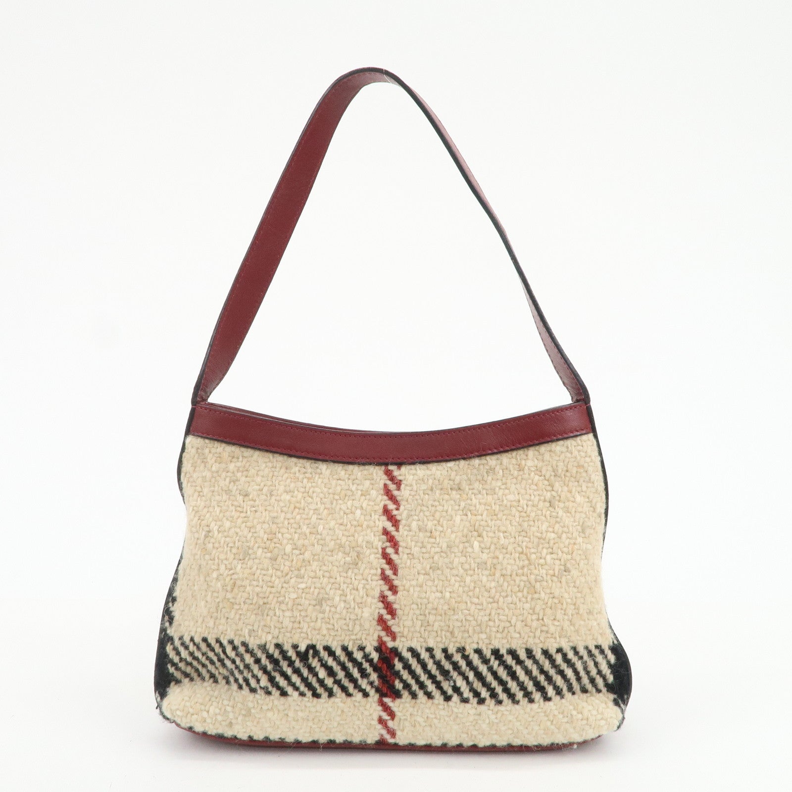 BURBERRY Wool Leather Hand Bag Plaid Wine Red Beige