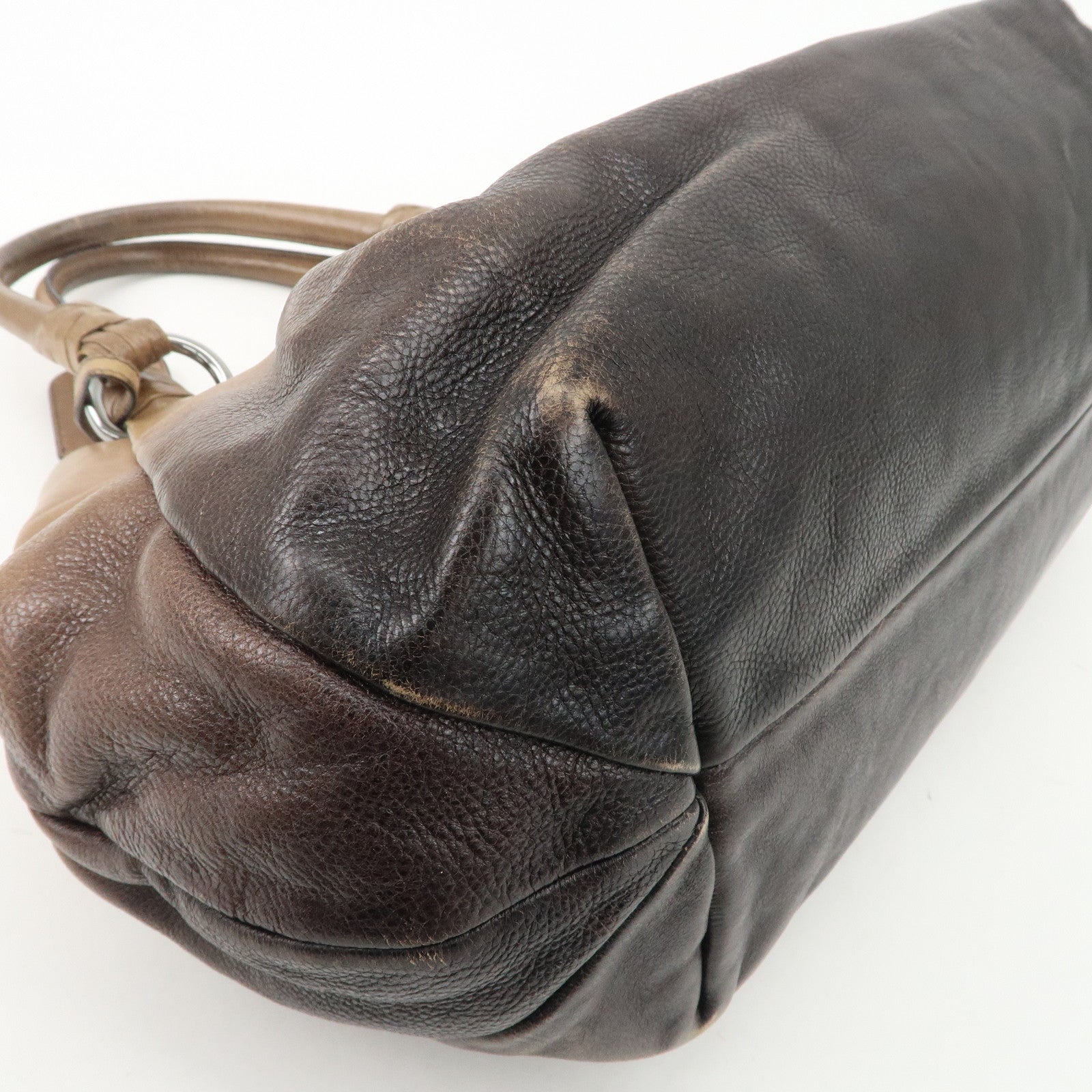 PRADA Logo Leather Tote Bag Shoulder Bag Silver HDW Black Beige