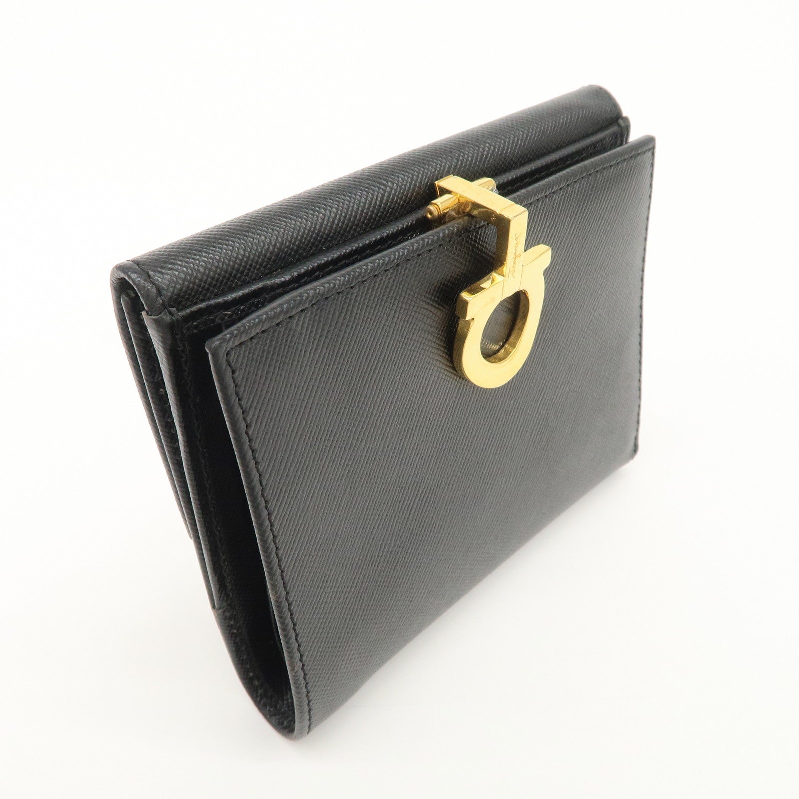 Ferragamo Gancini Leather Bi-fold Compact Wallet Black 22 0778