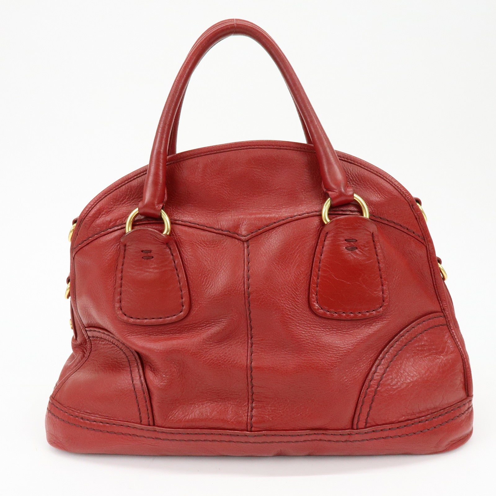 PRADA Cervo Shine Leather Bowler Bag 2Way Tote Bag Red BL0688
