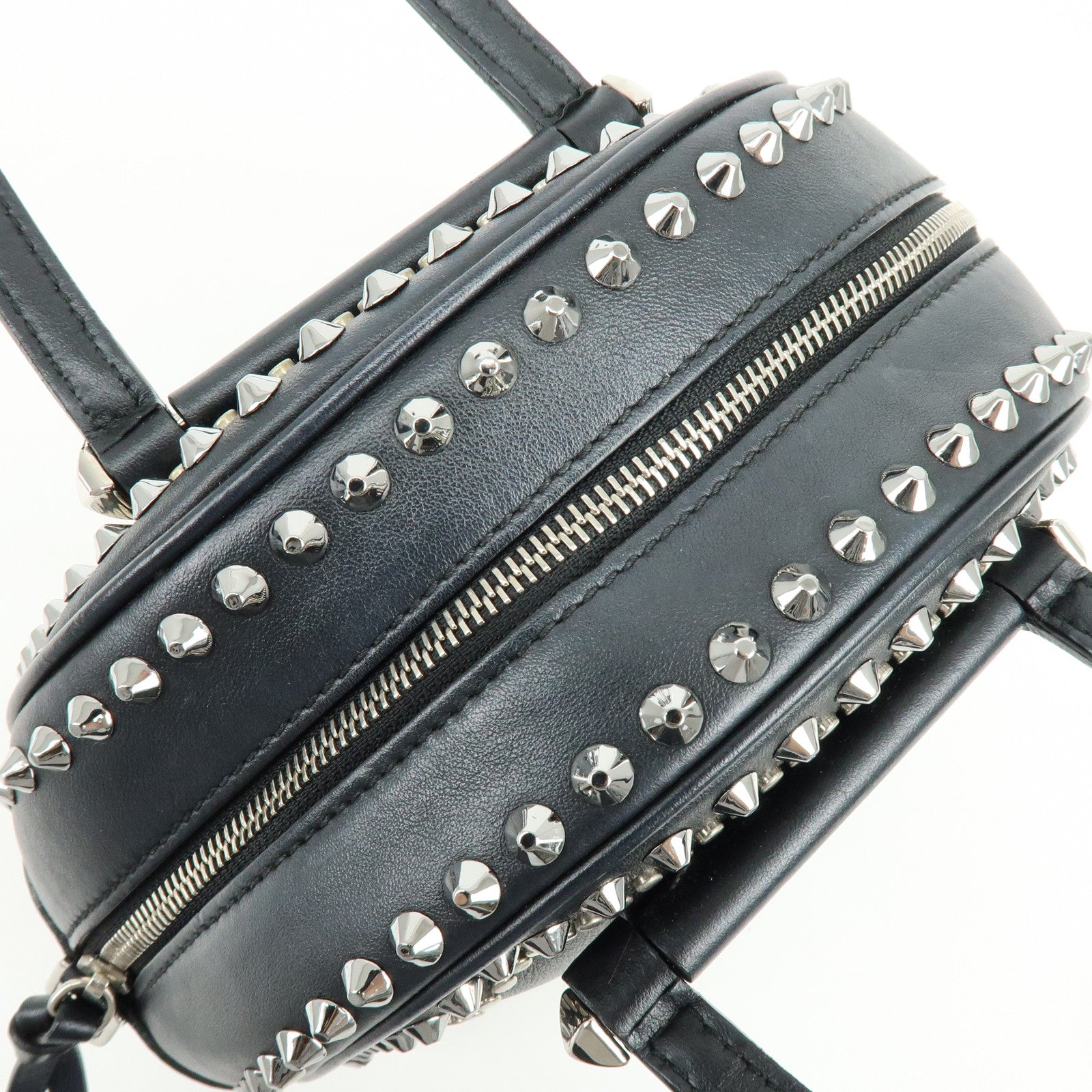 JIMMY CHOO Varenne Leather Bowling Bag Hand Bag Studs Black