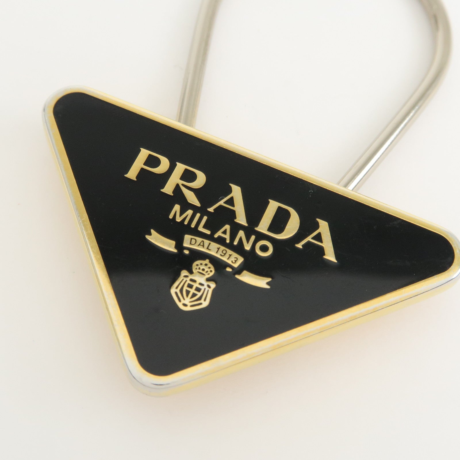 PRADA Triangle Logo Metal Bag Charm Key Charm Black Gold