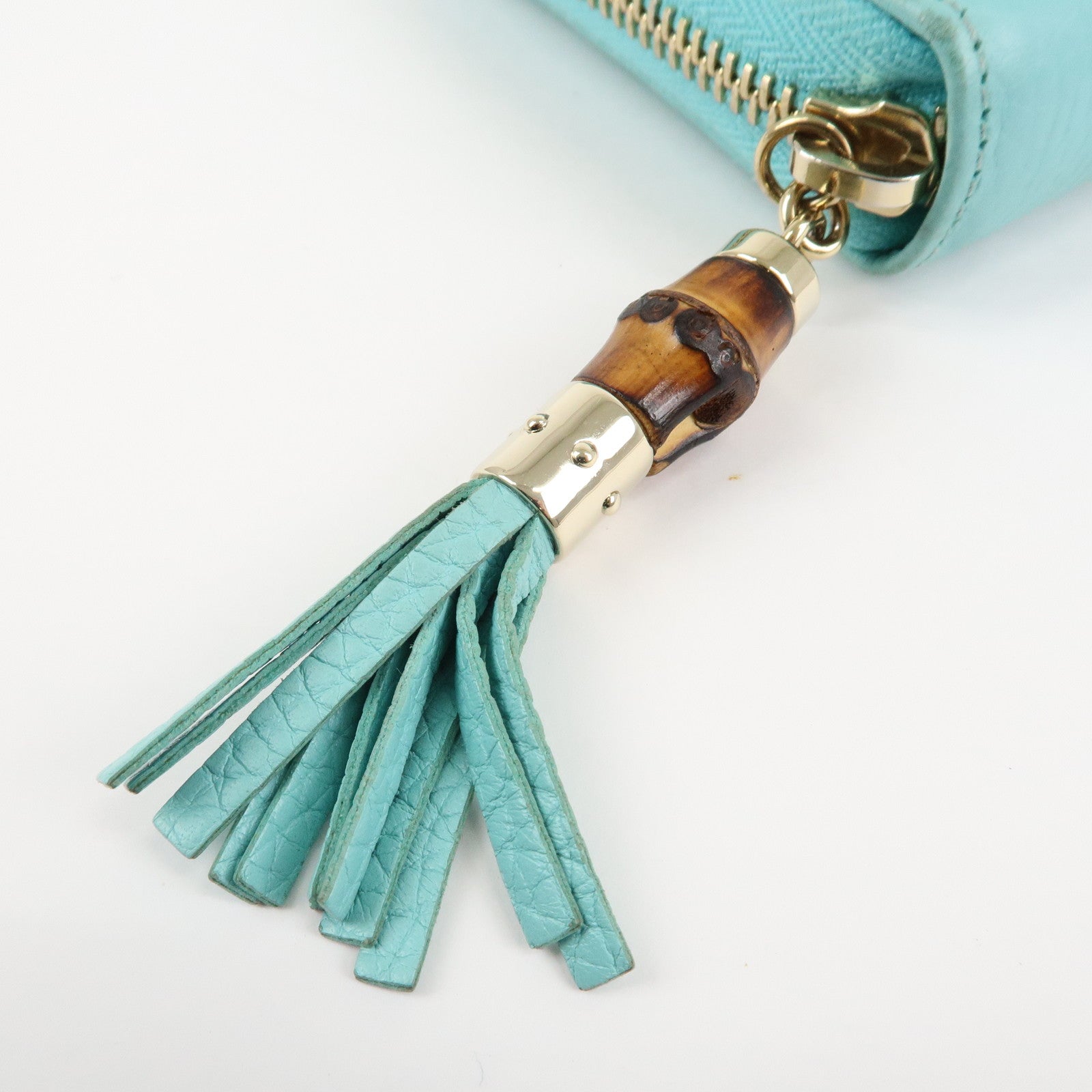 GUCCI Bamboo Leather Round Zippy Wallet Long Wallet Light Blue 307984 Used