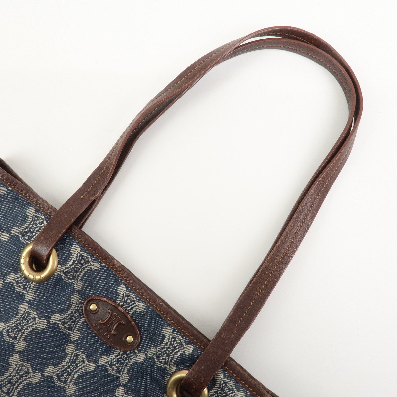 CELINE Macadam Denim Leather Tote Bag Shoulder Bag Blue Brown