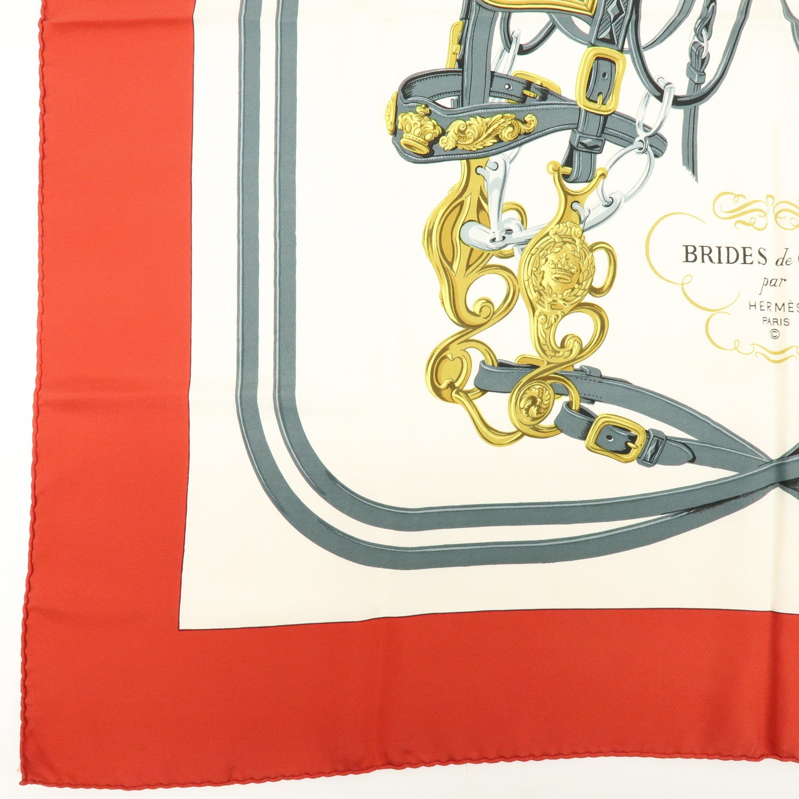 HERMES Carre 90 Silk 100% BRIDES DE GALA Scarf White Red