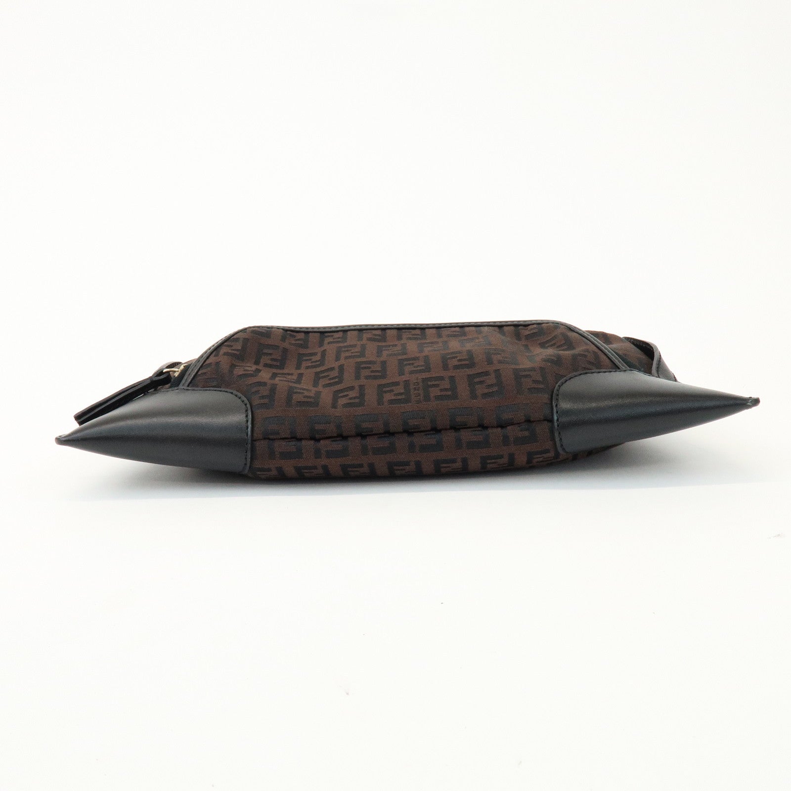 FENDI Zucchino Logo Canvas Leather Black Shoulder Bag Brown 8BR464